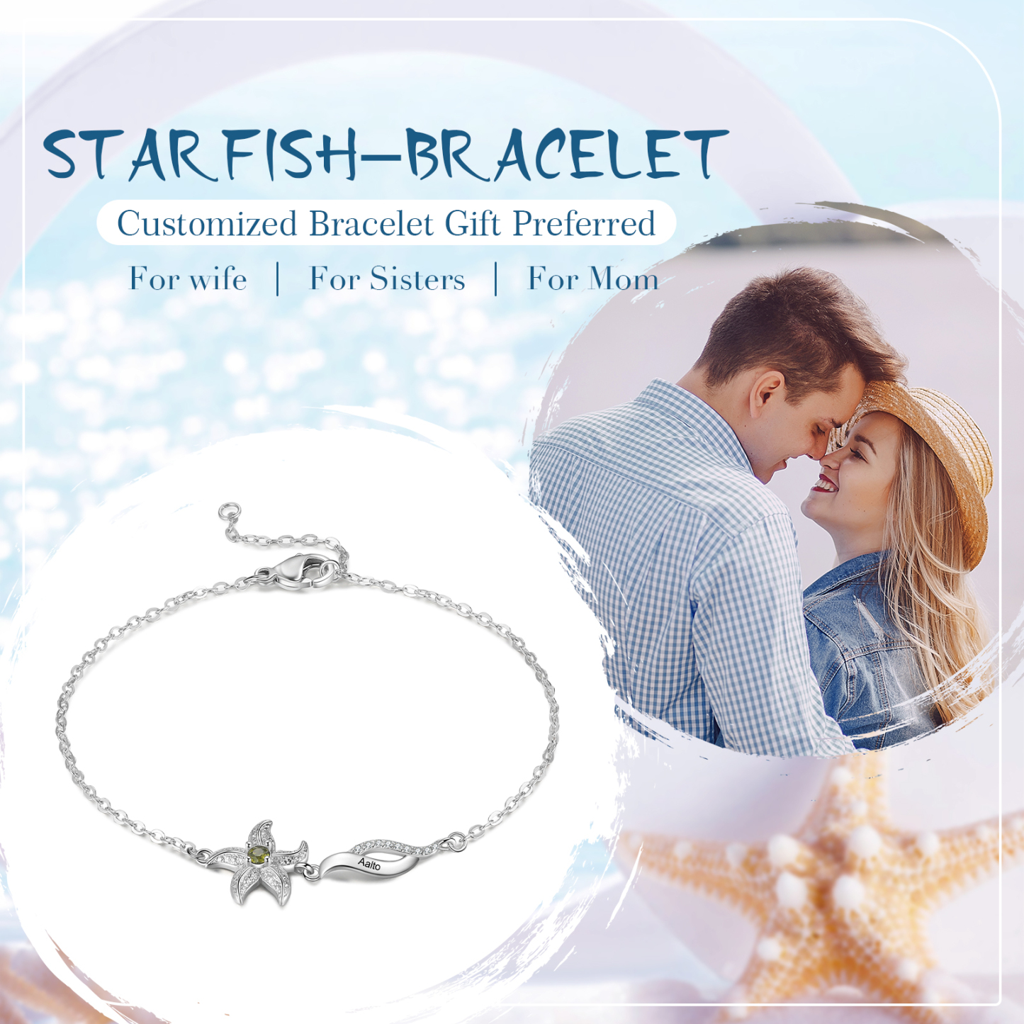 Pulsera con dije de estrella de mar para mujer personalizada con 1 nombre y 1 piedra de nacimiento-Jessemade ES