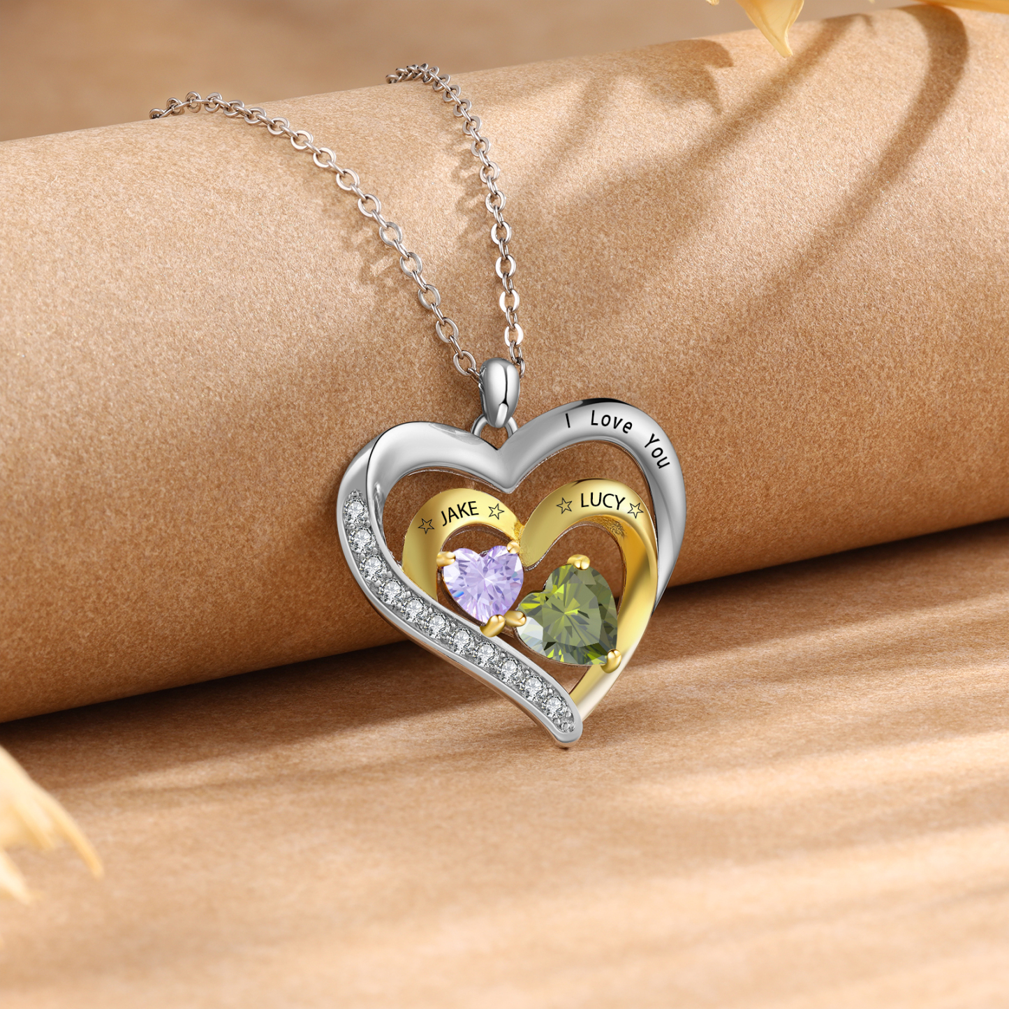 Collar en corazón con 1-3 nombres personalizados, 1-3 piedras de nacimiento y 1 texto-Jessemade ES