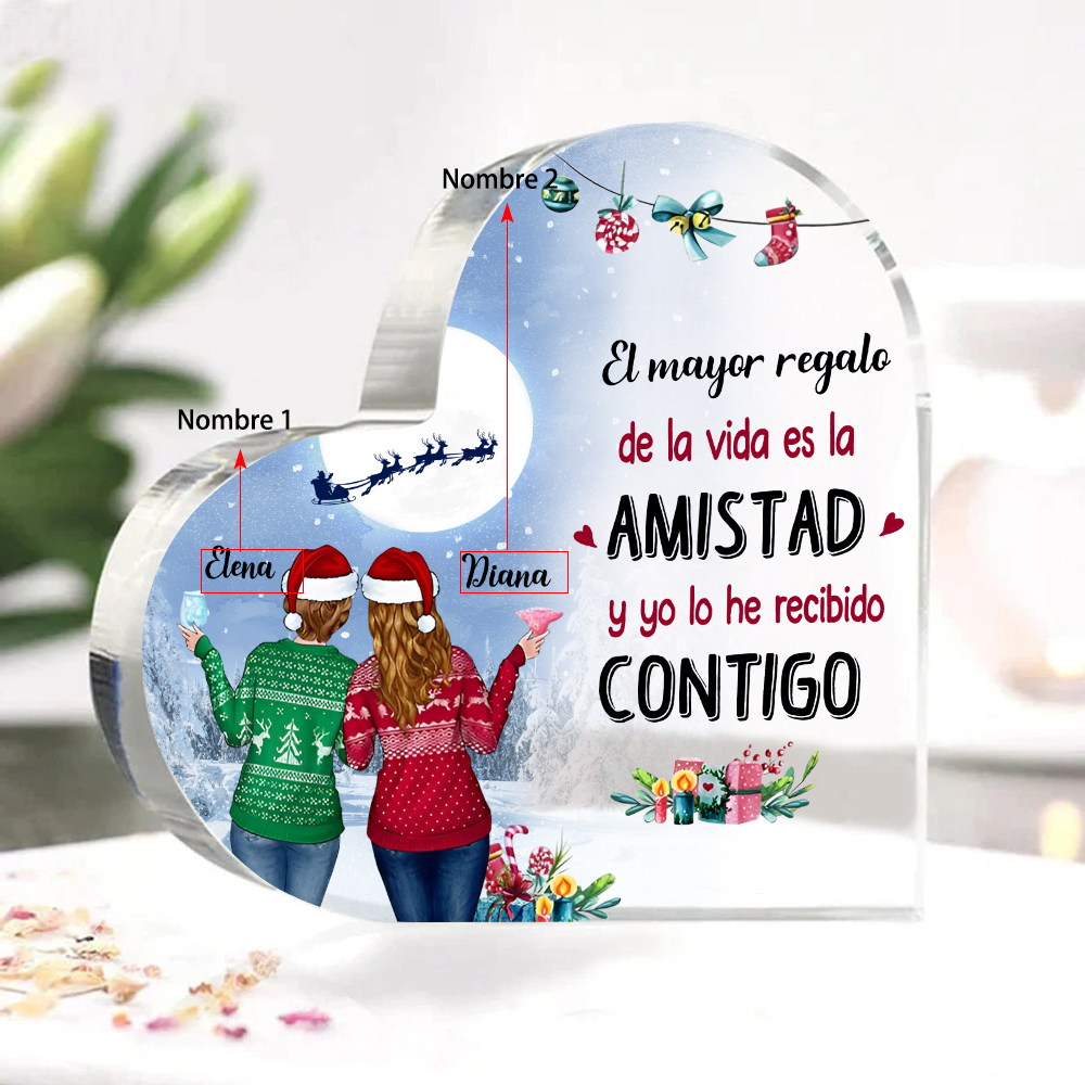 Navidad-Placa de acrílico en forma de corazón para amiga con 2 nombres personalizados-Jessemade ES