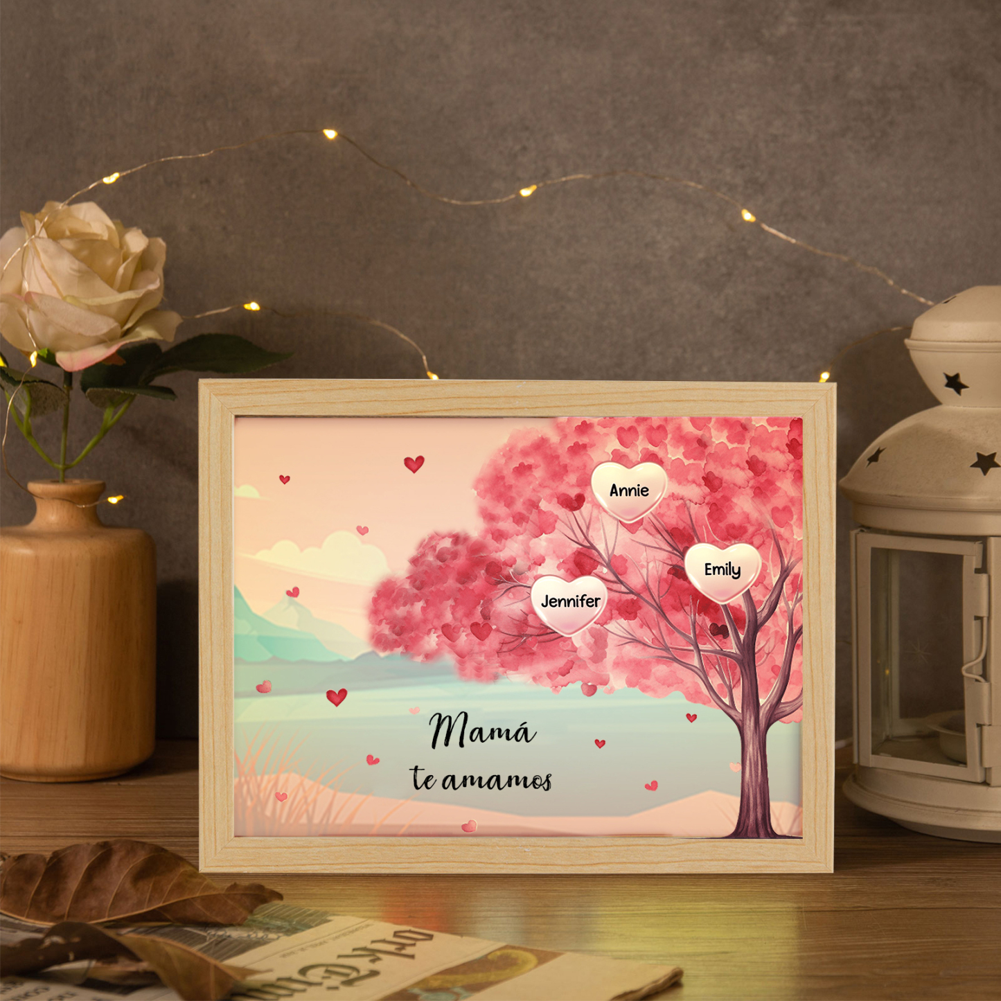 Marco con LED Árbol de la Vida 1-10 Nombres Personalizados con 1 Texto-Jessemade ES