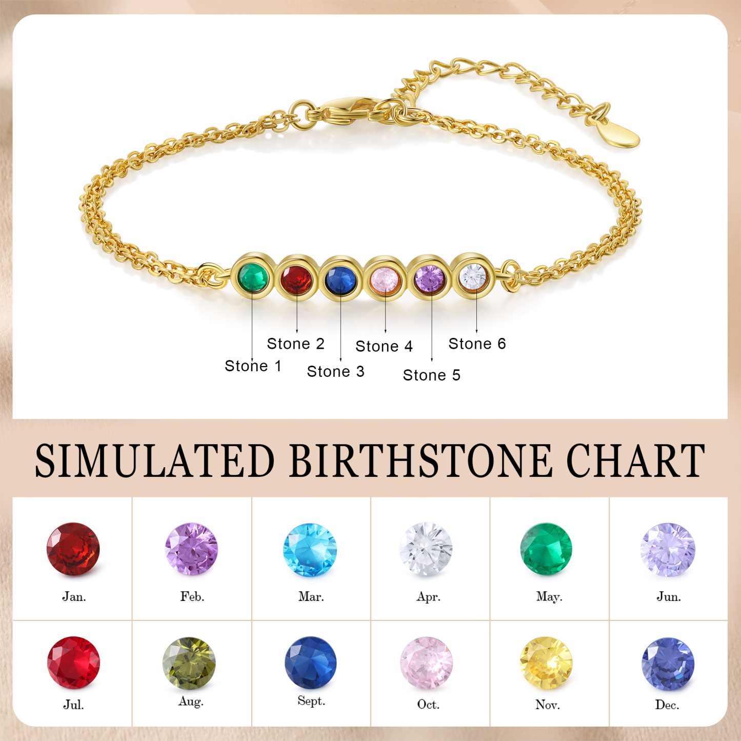 Pulsera 1-6 piedras de nacimiento personalizadas doble cadena-Jessemade ES