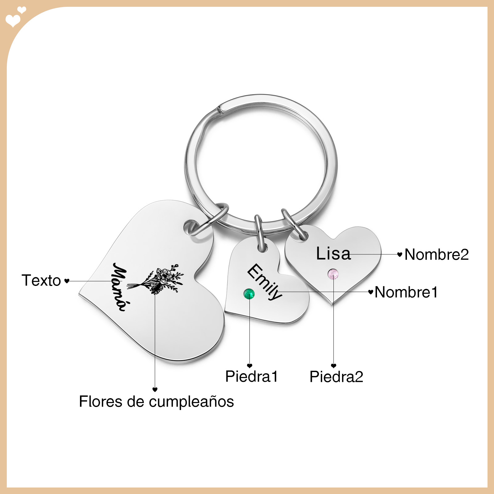 A mi mamá/abuela - Llavero con 2 nombres y piedras de nacimiento personalizados en corazones con texto y flor-Jessemade ES
