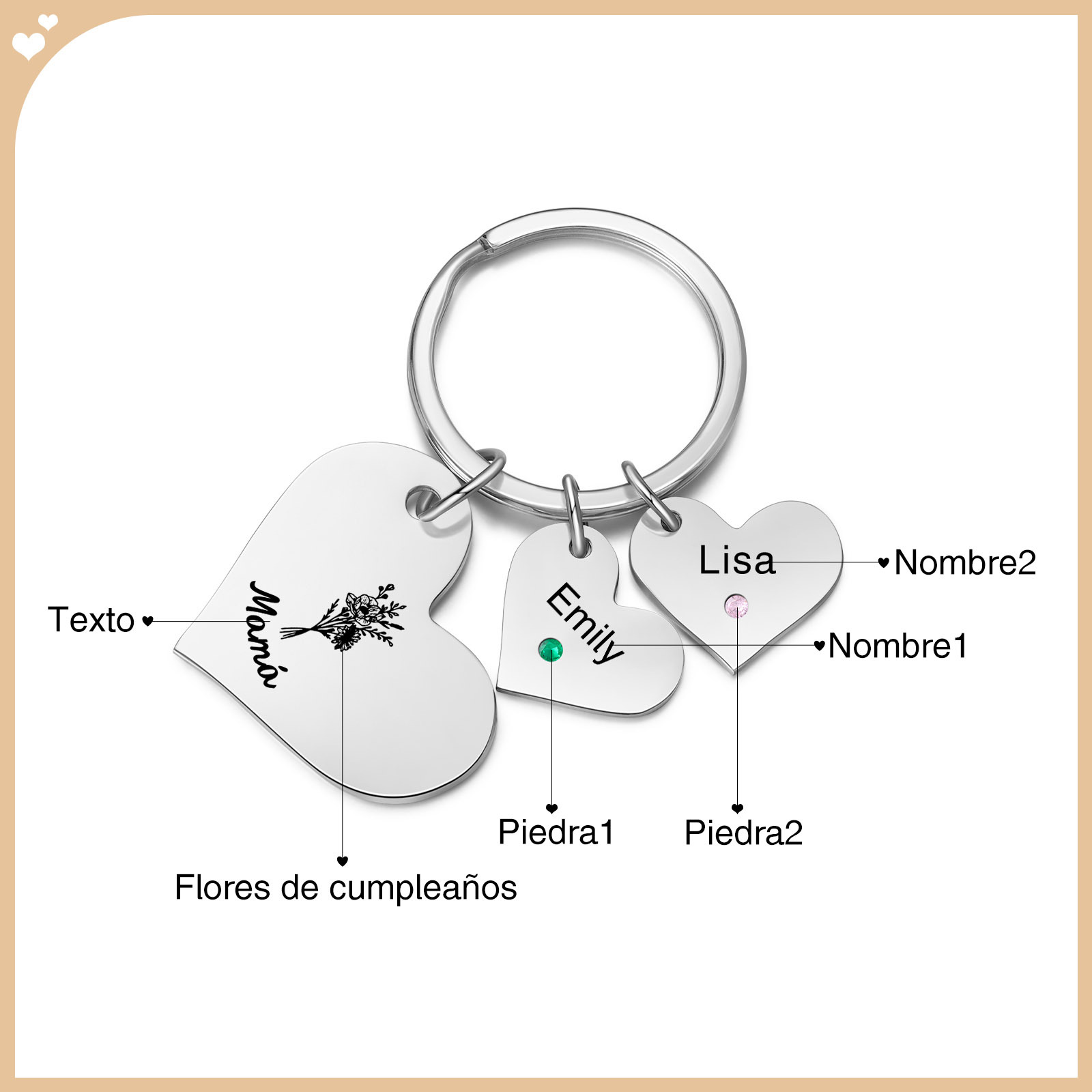 A mi mamá/abuela - Llavero con 2 nombres y piedras de nacimiento personalizados en corazones con texto y flor-Jessemade ES