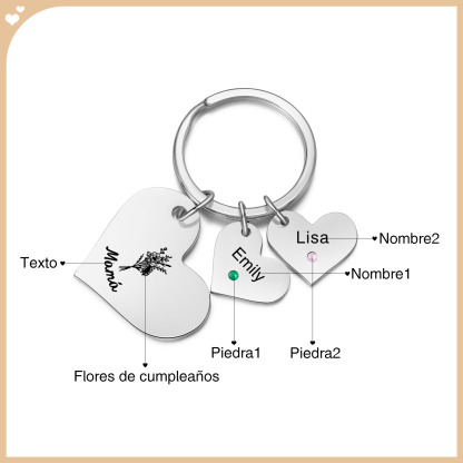 A mi mamá/abuela - Llavero con 2 nombres y piedras de nacimiento personalizados en corazones con texto y flor-Jessemade ES