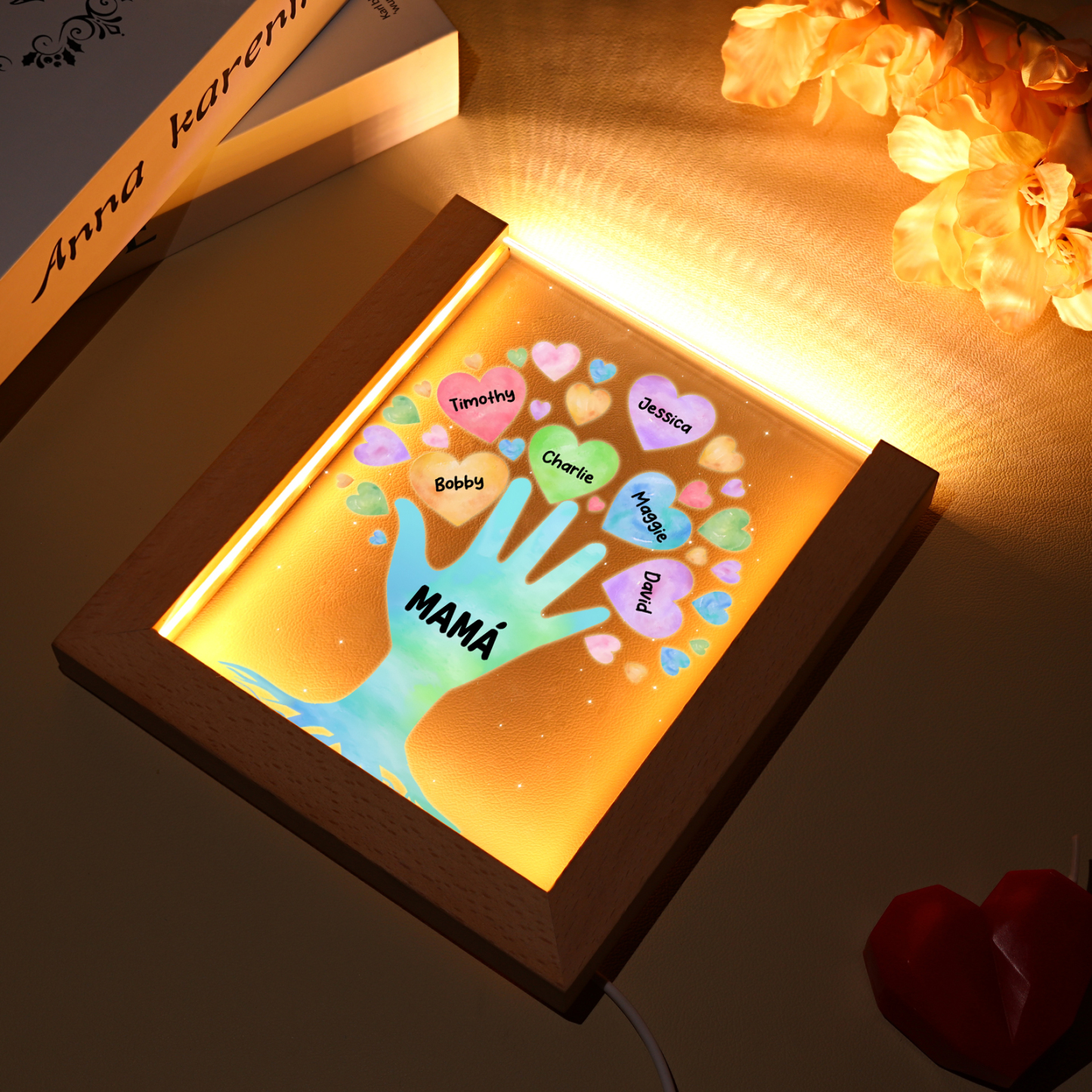 A mi mamá/abuela-Lámpara Personalizada con 2-8 Nombres y Texto "árbol y corazones" 3D Ilusión Luz de Noche-Jessemade ES