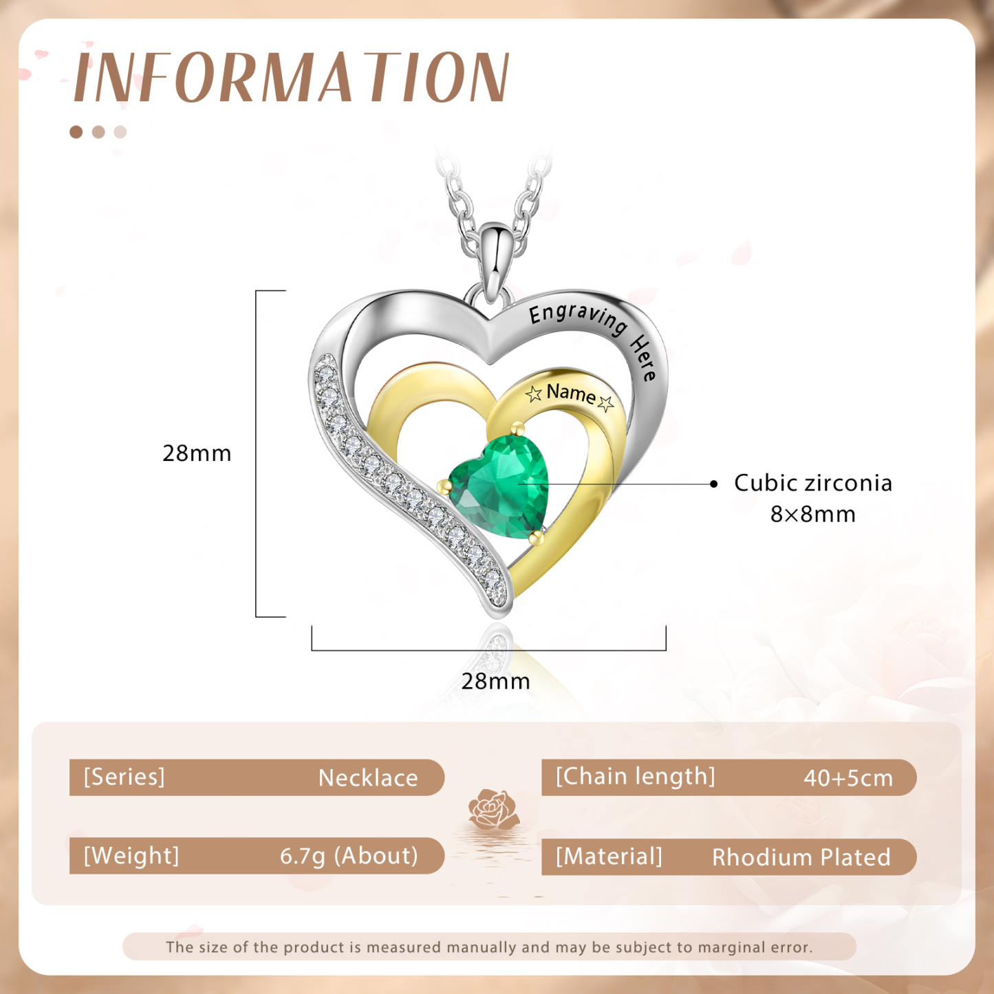 Collar en corazón con 1-3 nombres personalizados, 1-3 piedras de nacimiento y 1 texto-Jessemade ES