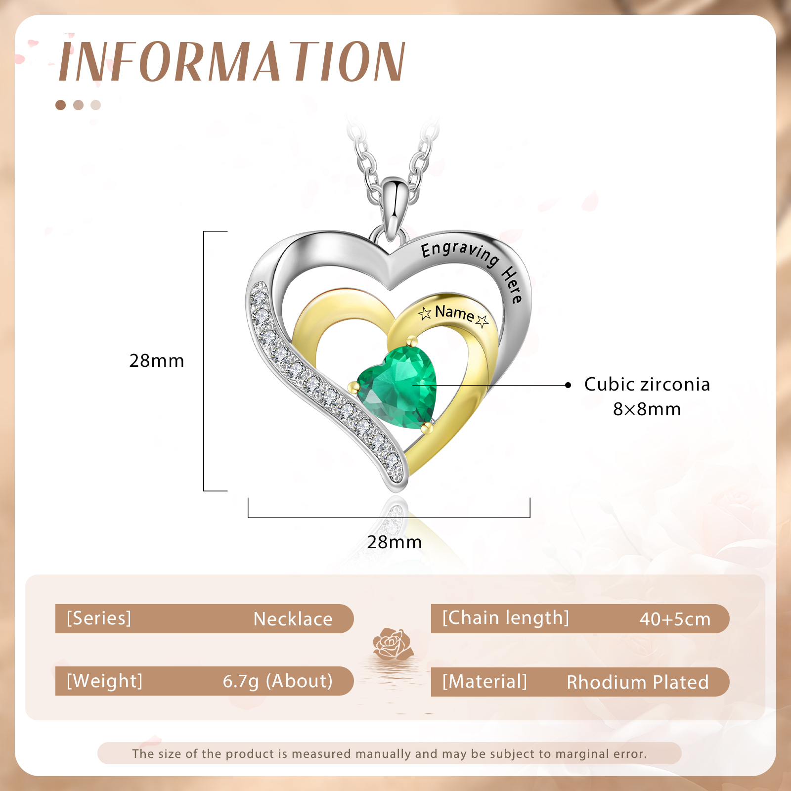 Collar en corazón con 1-3 nombres personalizados, 1-3 piedras de nacimiento y 1 texto-Jessemade ES