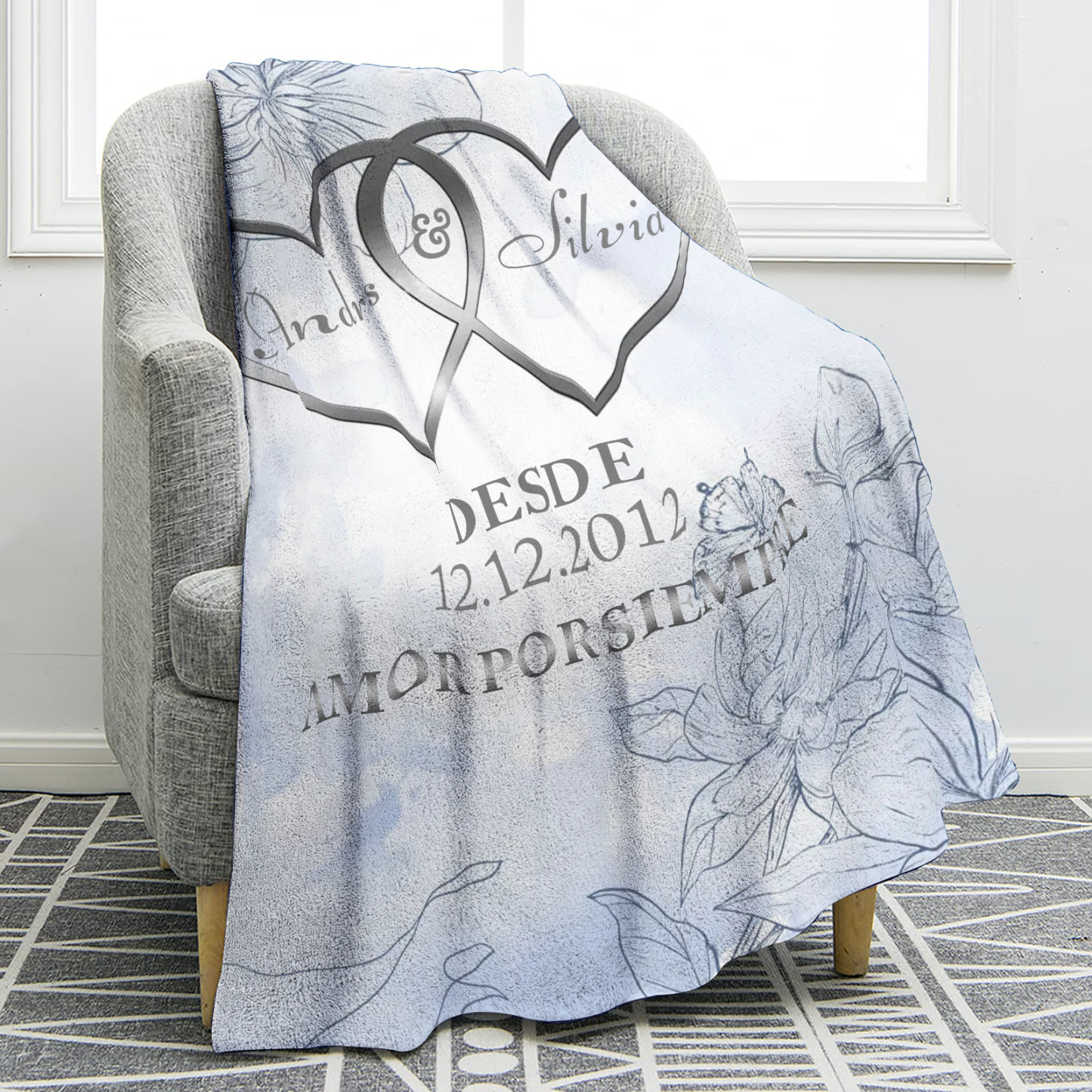 Pareja-Manta de buen calidad de corazones conectados personalizada con nombres, texto y fecha 4 colores-Jessemade ES