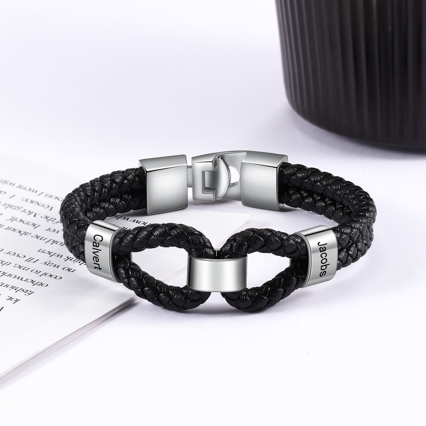 Pulsera 1-7 Nombres Personalizados de Cuero Trenzado con Aros-Jessemade ES