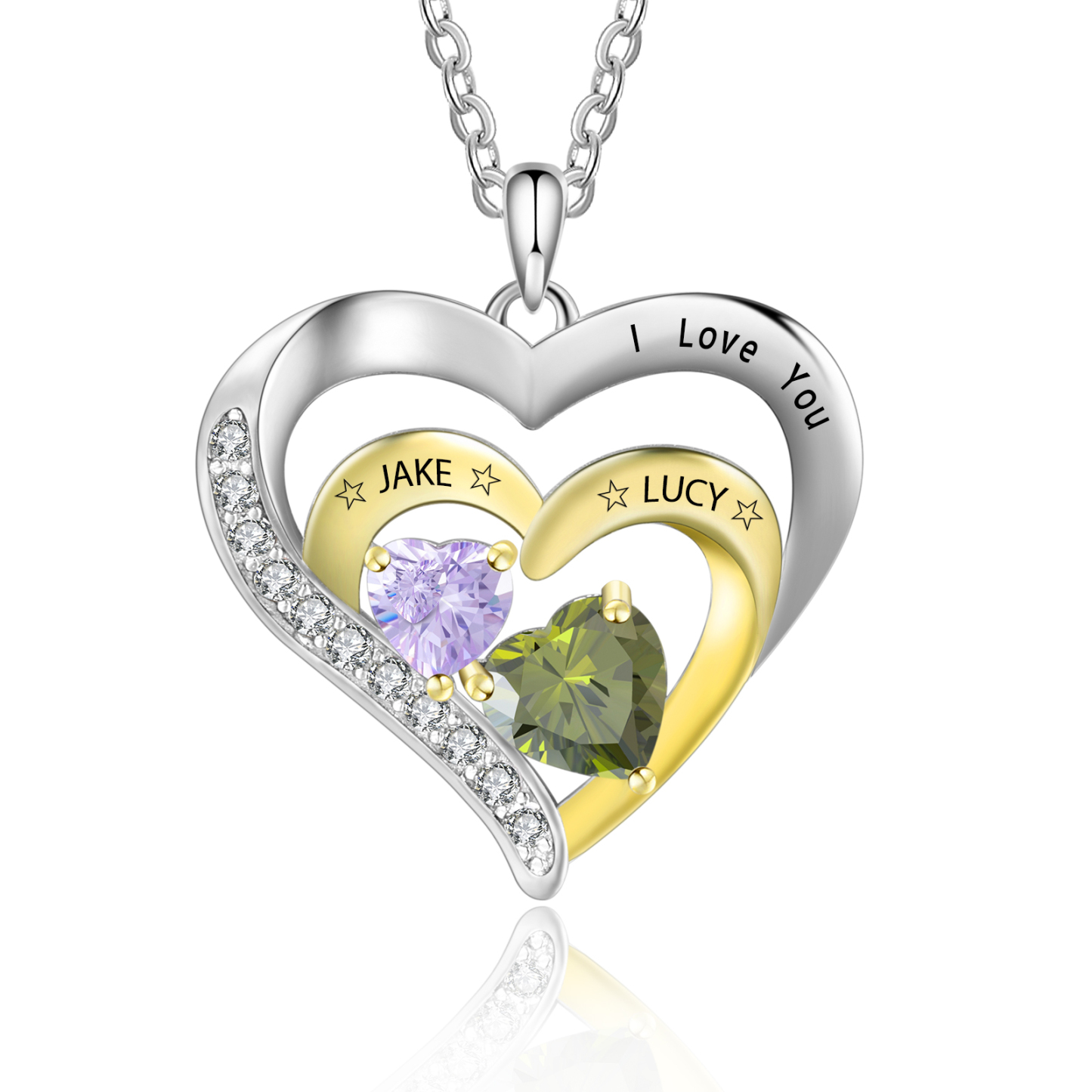 Collar en corazón con 1-3 nombres personalizados, 1-3 piedras de nacimiento y 1 texto-Jessemade ES