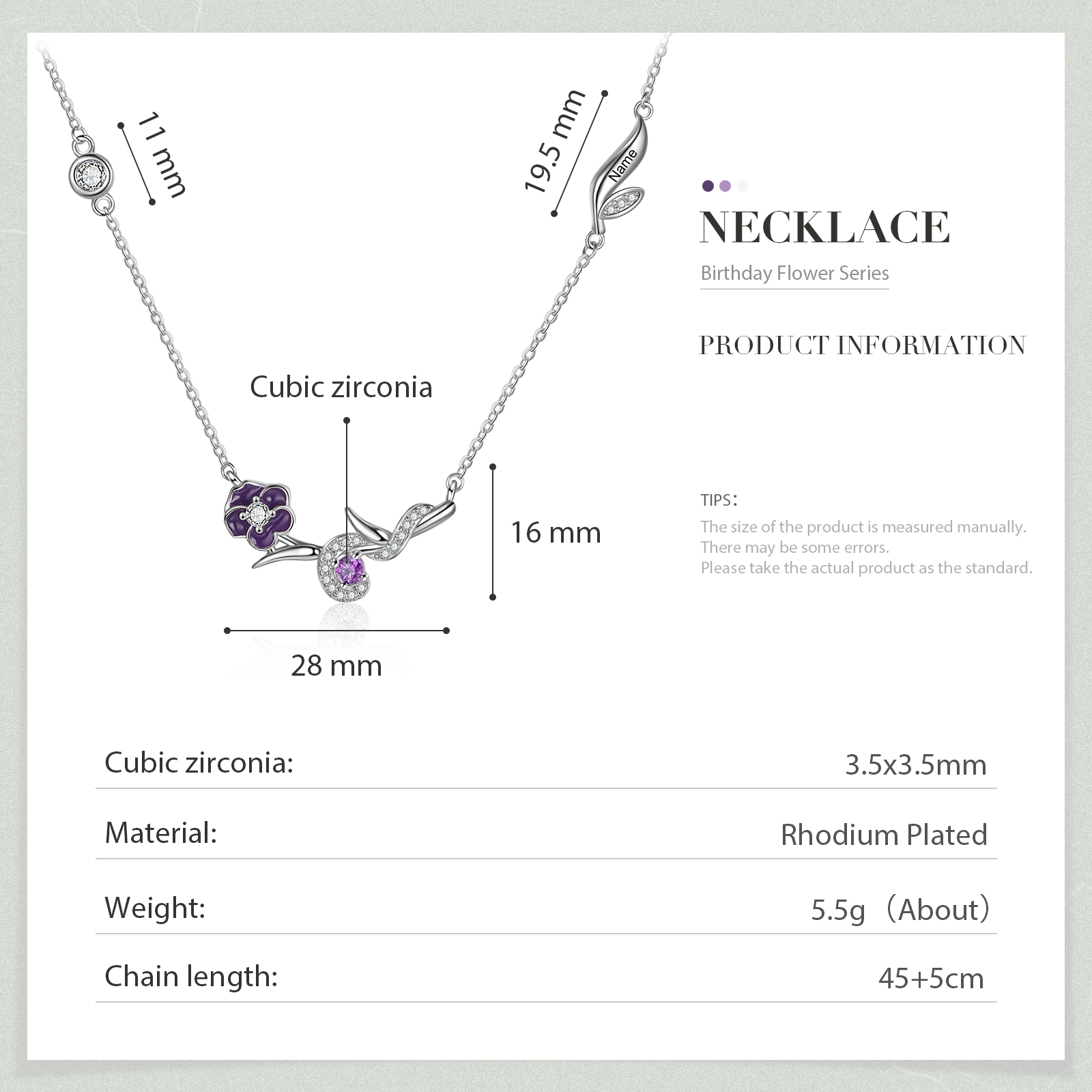 Collar de flor de febrero violeta con nombre personalizado y piedra de nacimiento-Jessemade ES