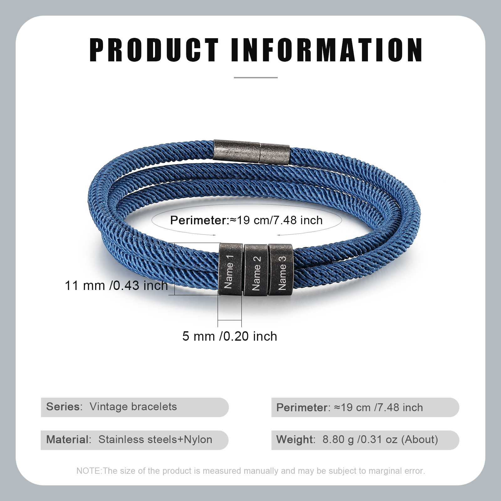 2-4 Nombres Personalizados Pulsera de Triple Cuerda Azul Aros de Acero Inoxidable-Jessemade ES