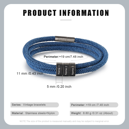 2-4 Nombres Personalizados Pulsera de Triple Cuerda Azul Aros de Acero Inoxidable-Jessemade ES