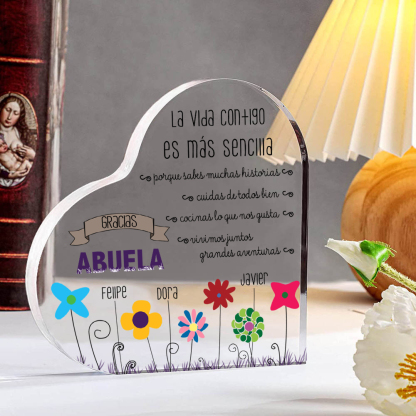 Abuela - Placa de acrílico en forma de corazón flores 1-5 nombres personalizados-Jessemade ES