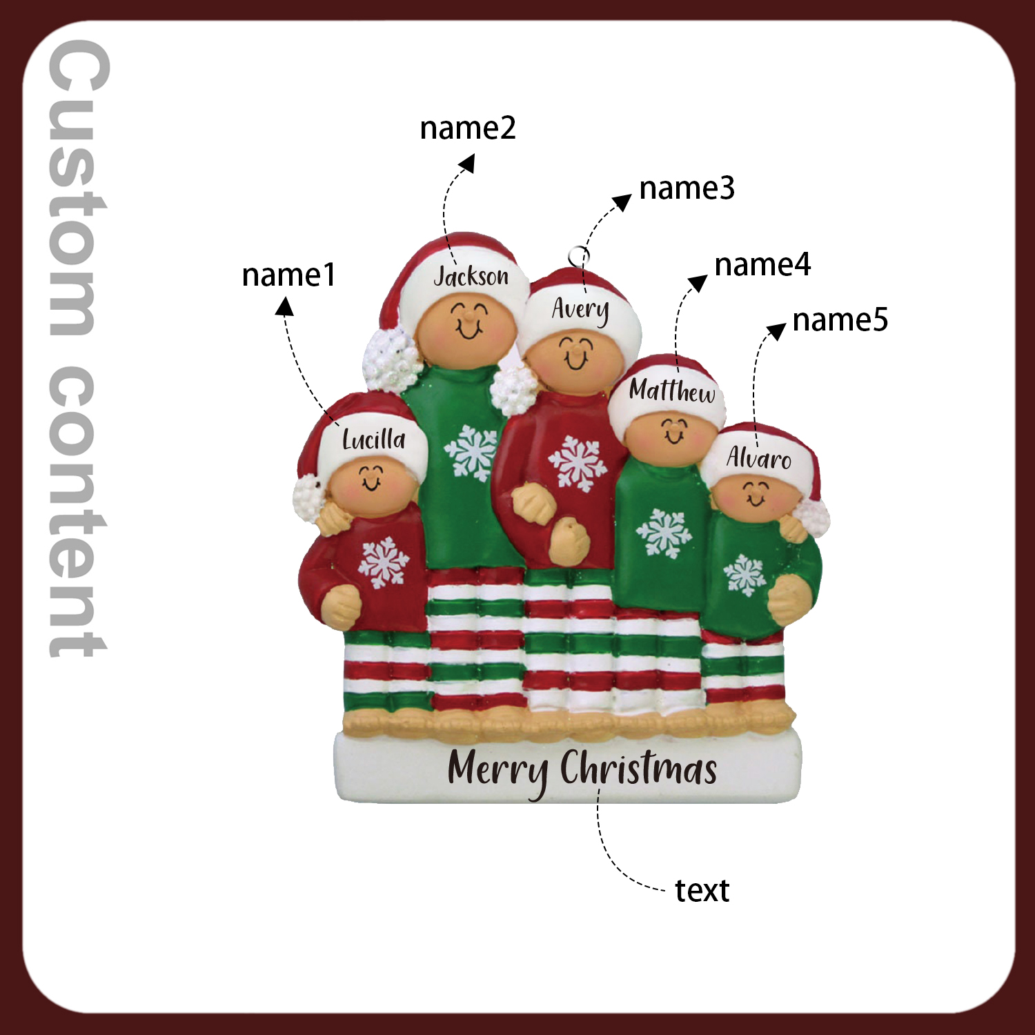 Navidad-Ornamento muñecos navideño de madera 5 nombres y 1 texto personalizados adorno del árbol