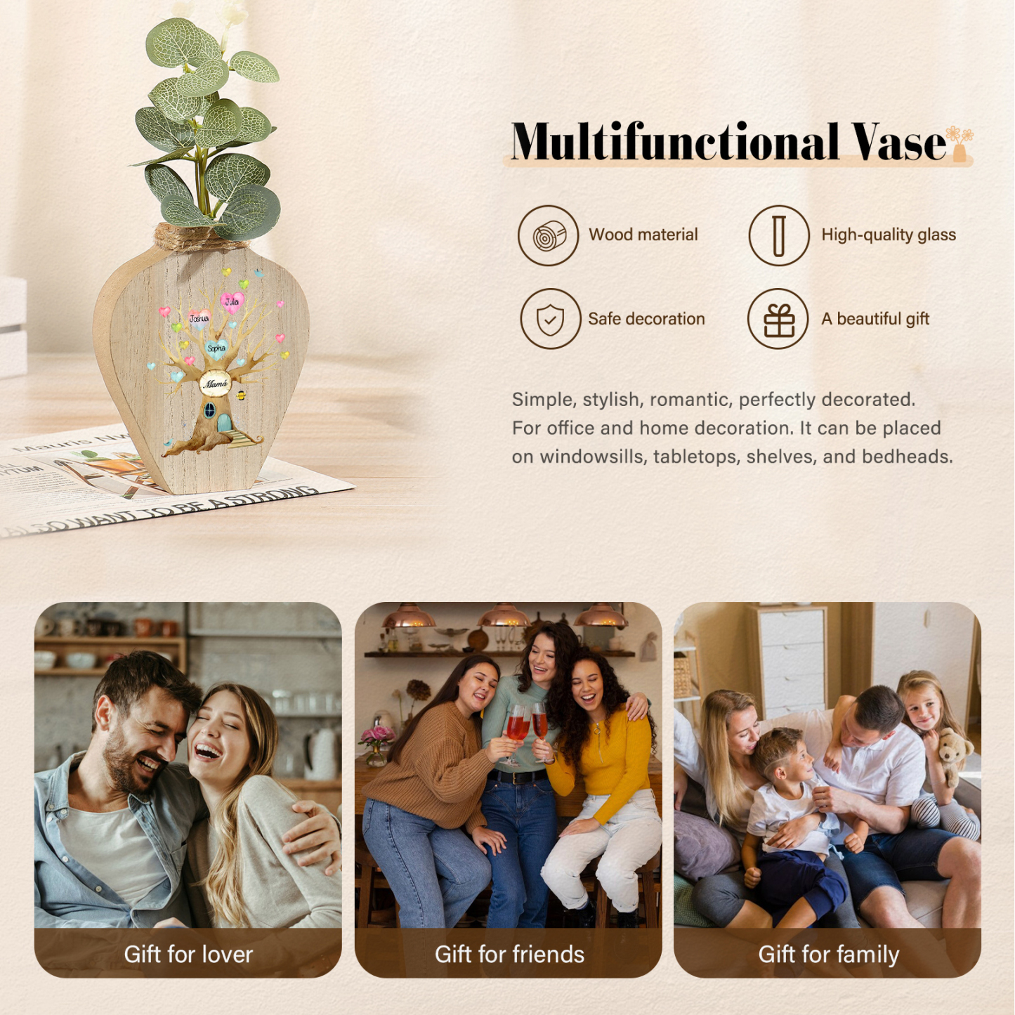 Florero de madera árbol de corazones 3 nombres personalizados con texto decoración del hogar-Jessemade ES