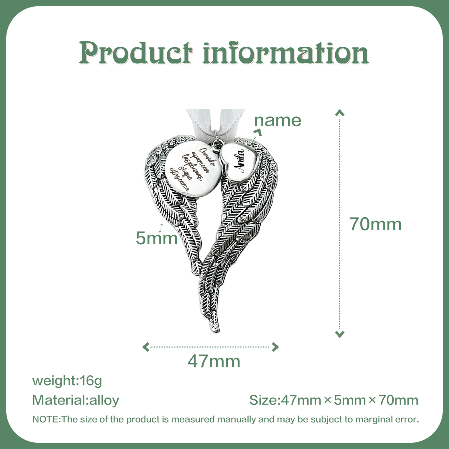 Adorno navideño de alas conmemorativo Adorno de Navidad 1 nombre personalizado 