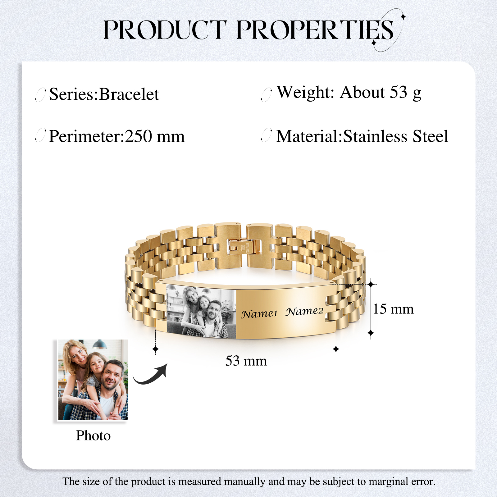 Pulsera de cadena personalizada con 2 nombres y 1 foto para hombre-Jessemade ES