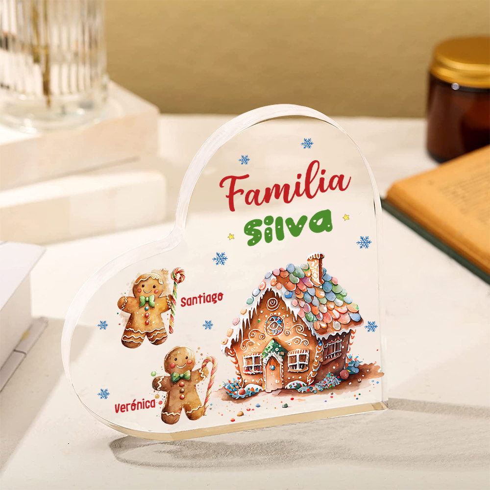 Navidad - Placa de acrílico en forma de corazón jengibres y su casa con 2 nombres y 1 texto personalizados-Jessemade ES