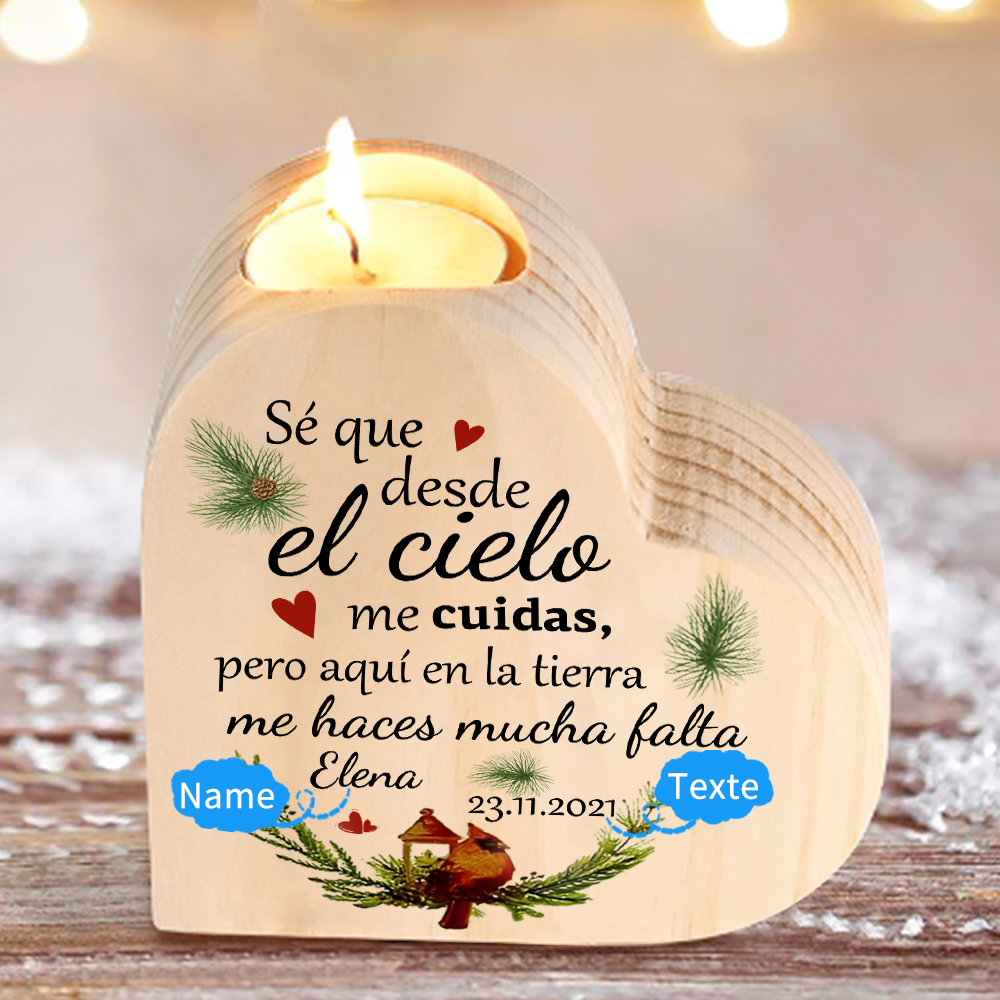 Navidad en el paraíso-Candelero de corazón en memoria de ser querido personalizado con nombre y fecha de madera sin vela-Jessemade ES