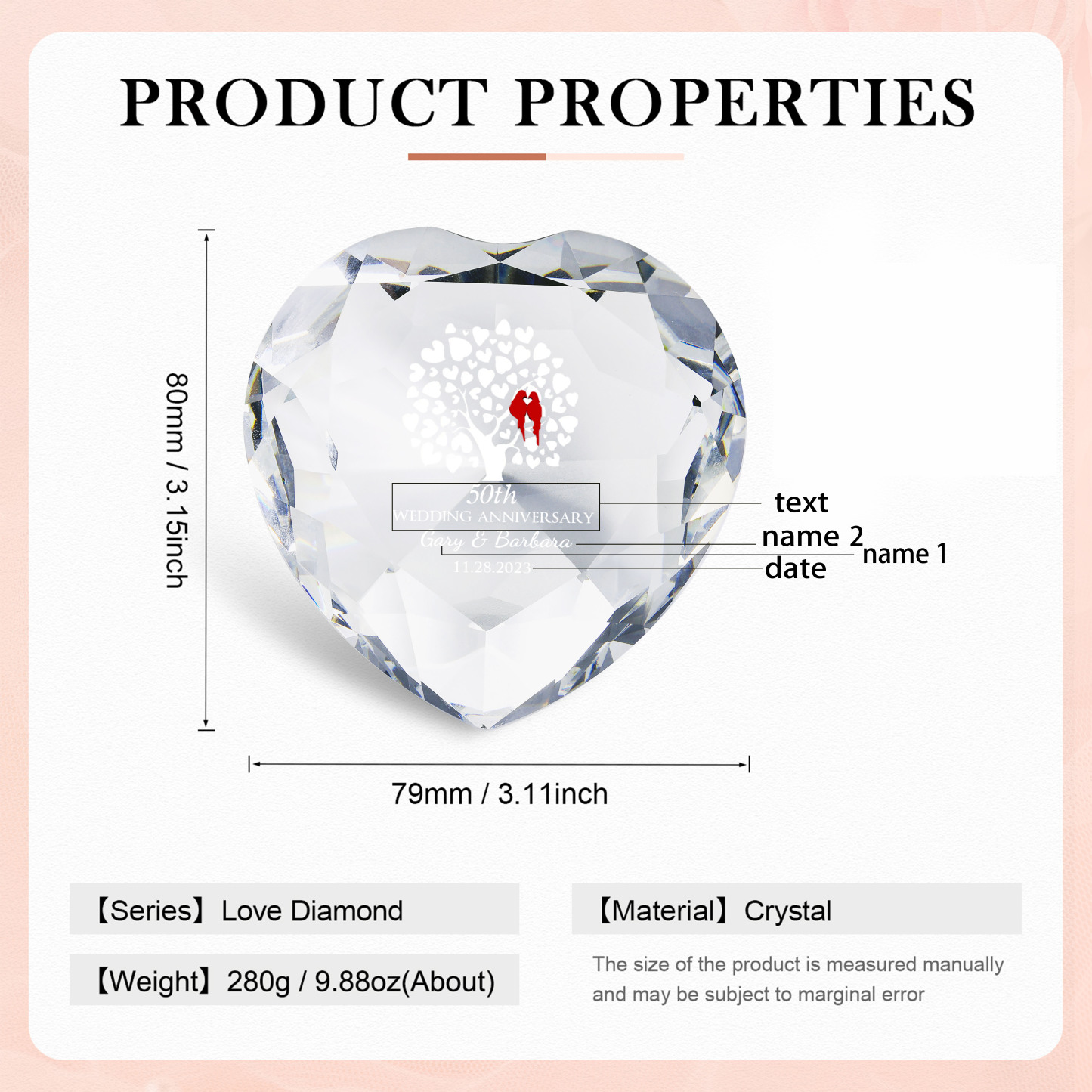 Decoración de vidrio de corazón con 2 nombres, 1 texto y fecha personalizados para el AMOR-Jessemade ES