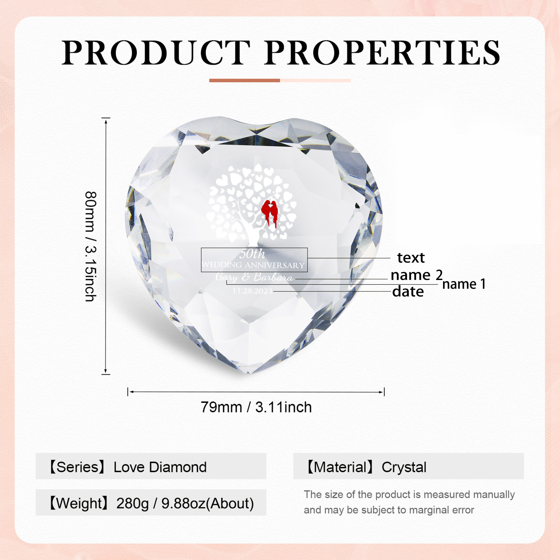 Decoración de vidrio de corazón con 2 nombres, 1 texto y fecha personalizados para el AMOR-Jessemade ES