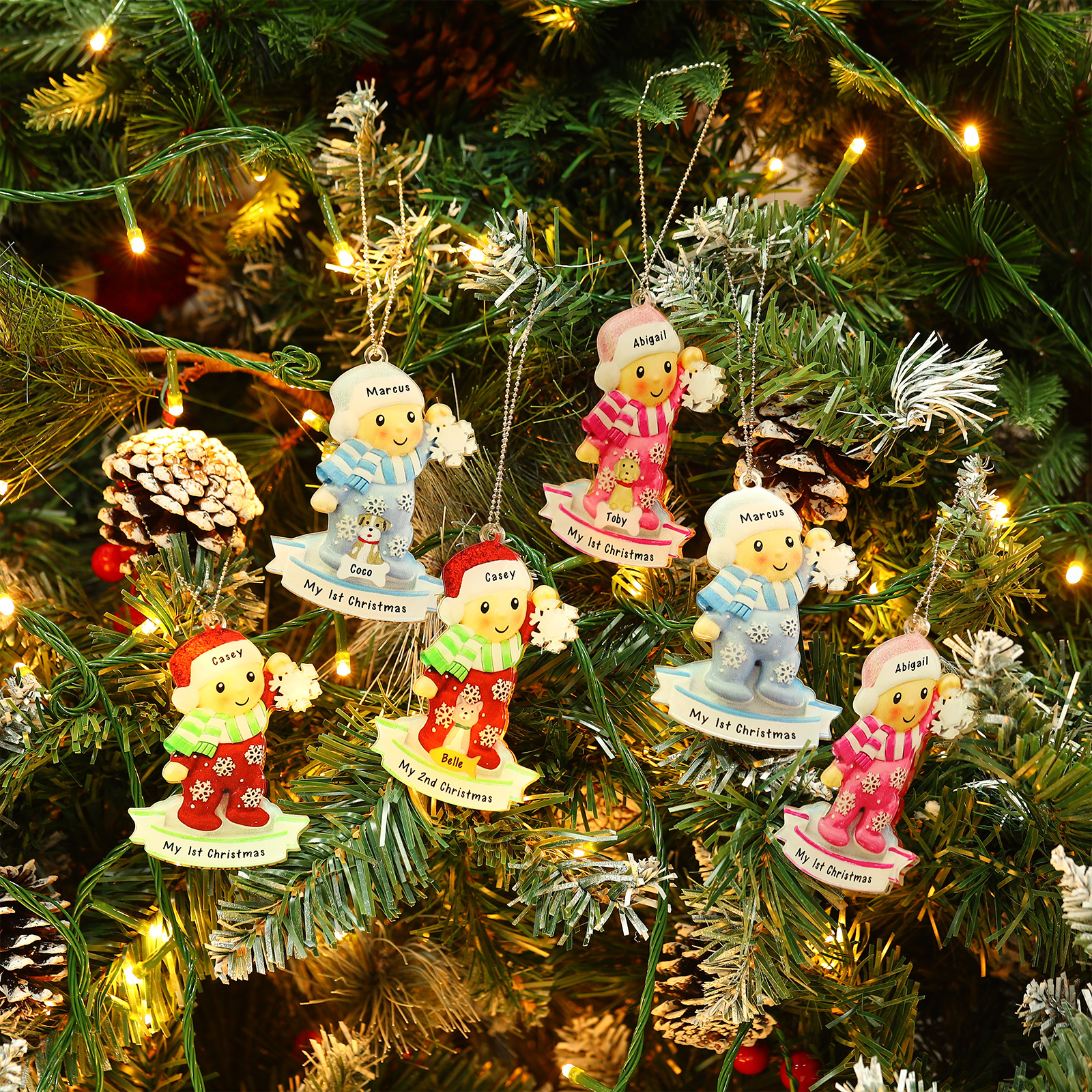 Navidad-Bebé con Perro Ornamento Navideño 2 nombres y texto personalizados