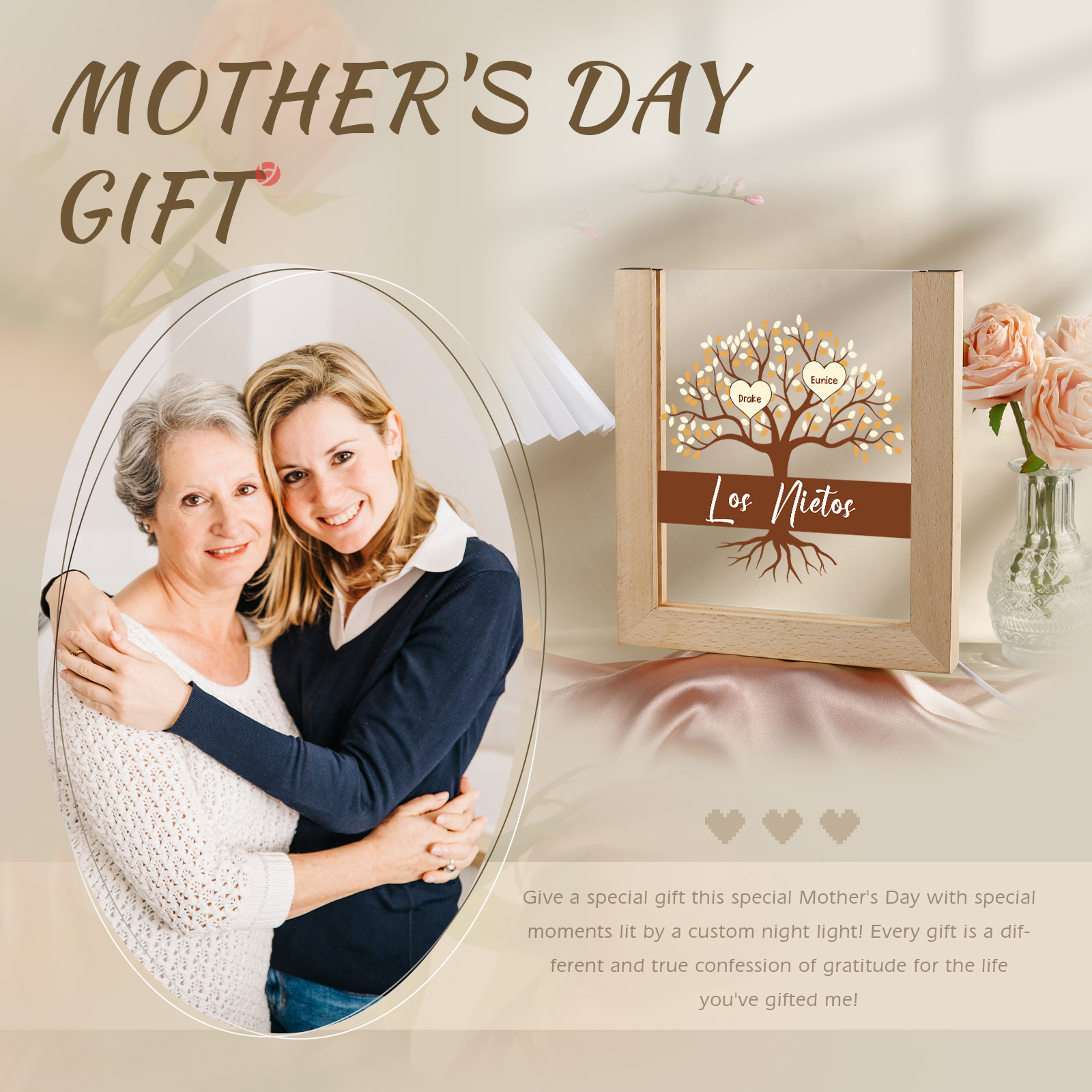 A mi mamá/abuela-Lámpara Personalizada con 2-8 Nombres y Texto "árbol" 3D Ilusión Luz de Noche-Jessemade ES