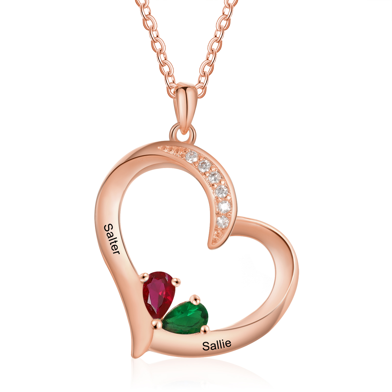 Collar corazón con 1-6 nombres personalizados y 1-6 piedras de nacimiento-Jessemade ES