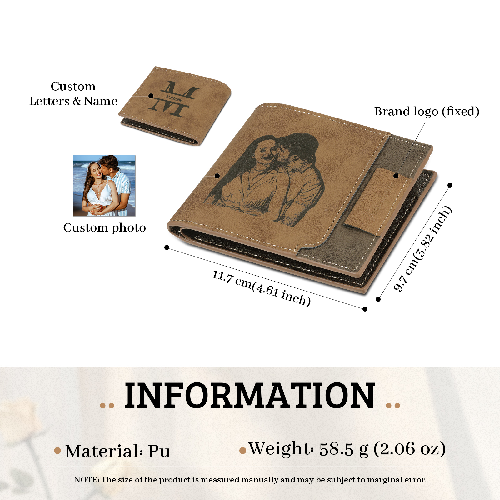 Cartera, billetera personalizada con 1 foto, 1 nombre y 1 letra monedero para hombre-Jessemade ES