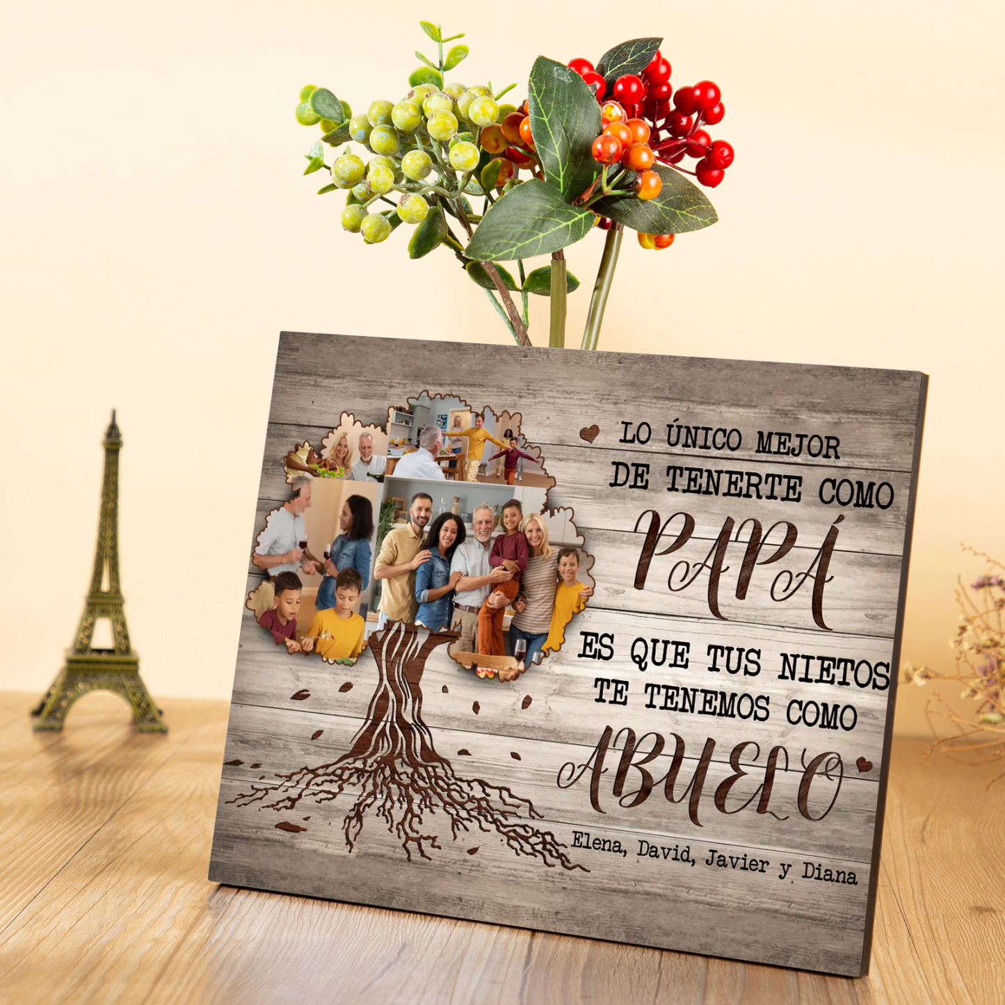 Feliz Día del Padre a mi abuelo-Lámina marco de madera 4 fotos y 1 texto personalizados con frase de amor-Jessemade ES