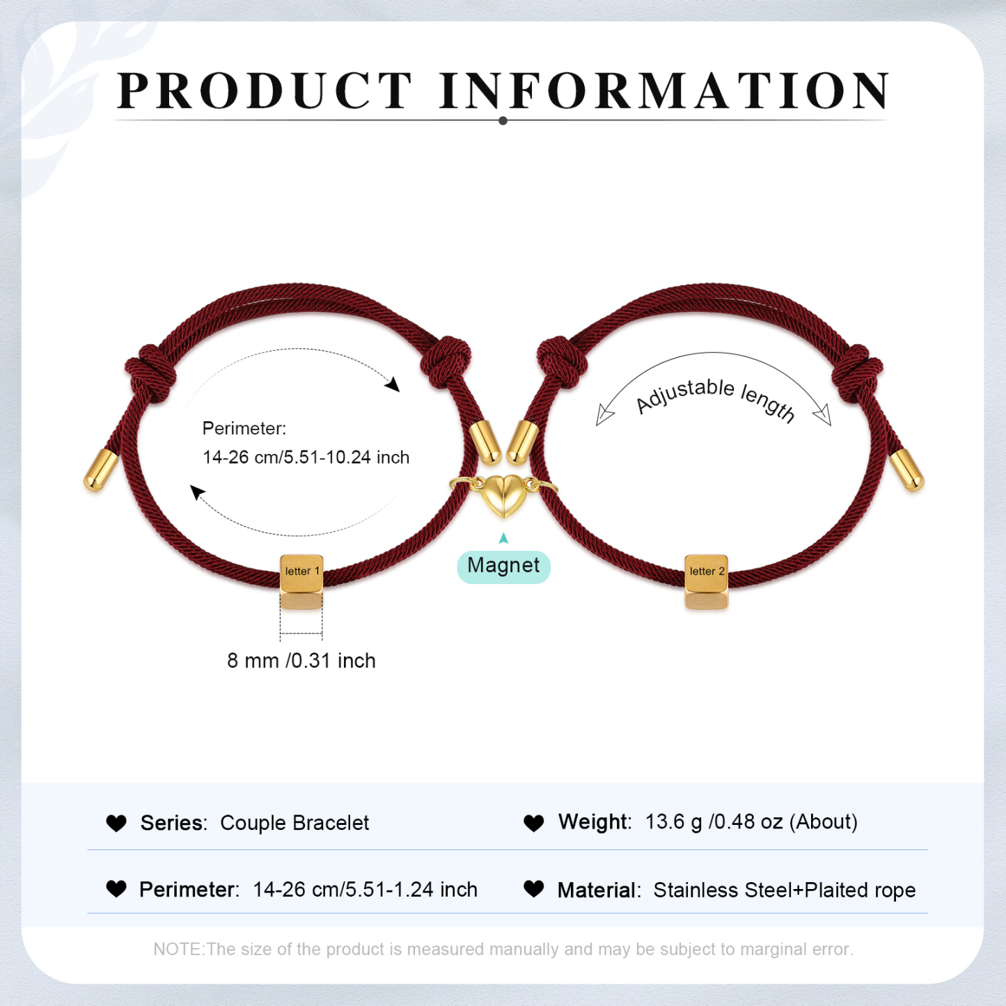 Pulseras de cuerda personalizadas para pareja con dije de corazón magnético grabado de dos letras-Jessemade ES