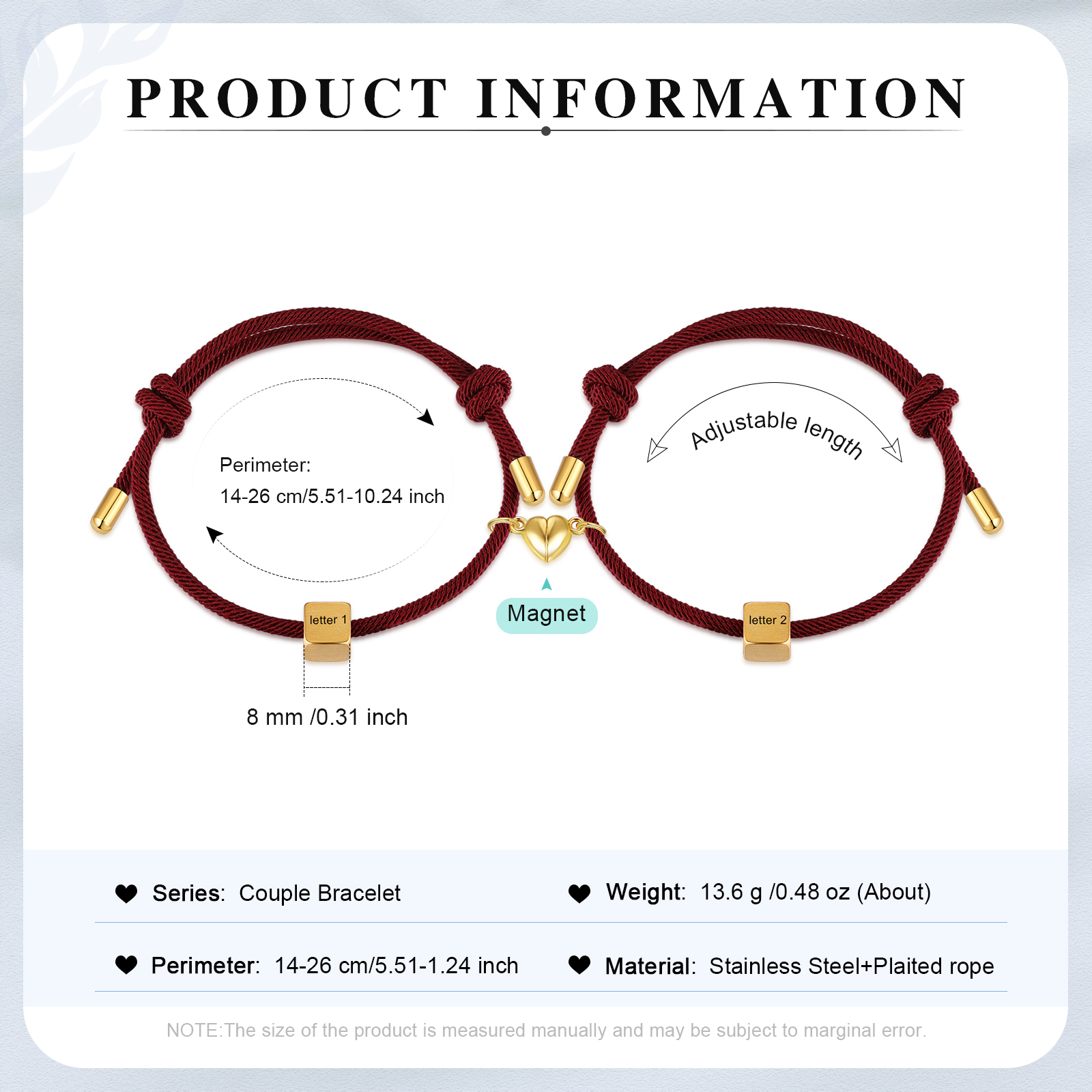 Pulseras de cuerda personalizadas para pareja con dije de corazón magnético grabado de dos letras-Jessemade ES