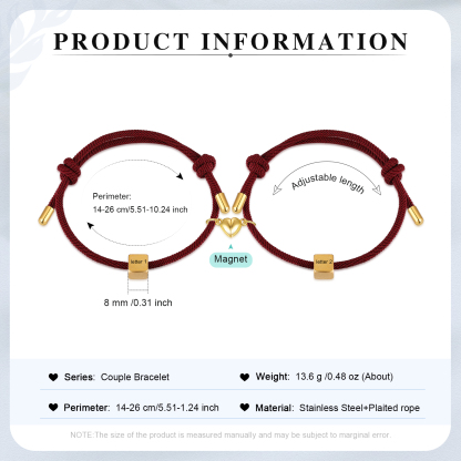 Pulseras de cuerda personalizadas para pareja con dije de corazón magnético grabado de dos letras-Jessemade ES