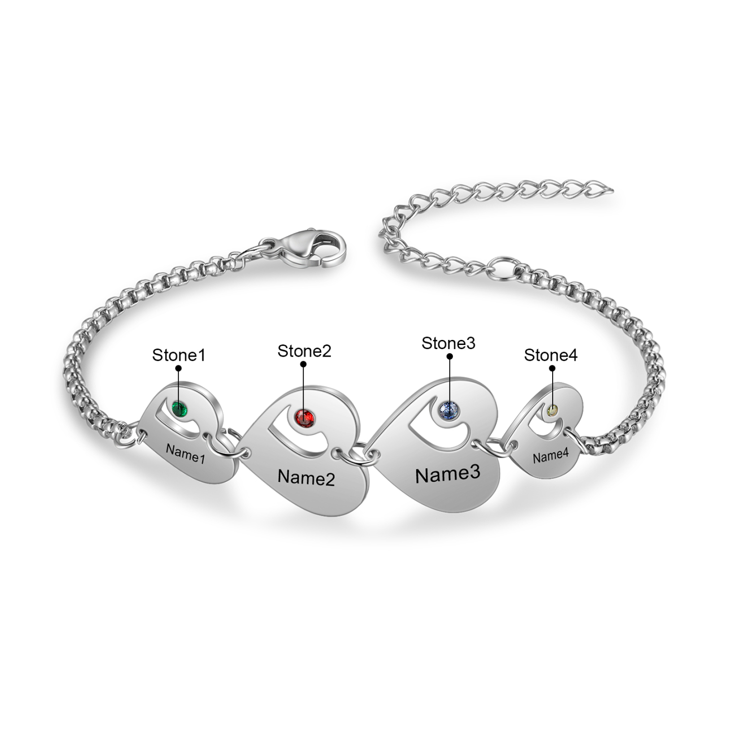 Pulsera de corazón personalizada con 4 nombres y 4 piedras de nacimiento-Jessemade ES
