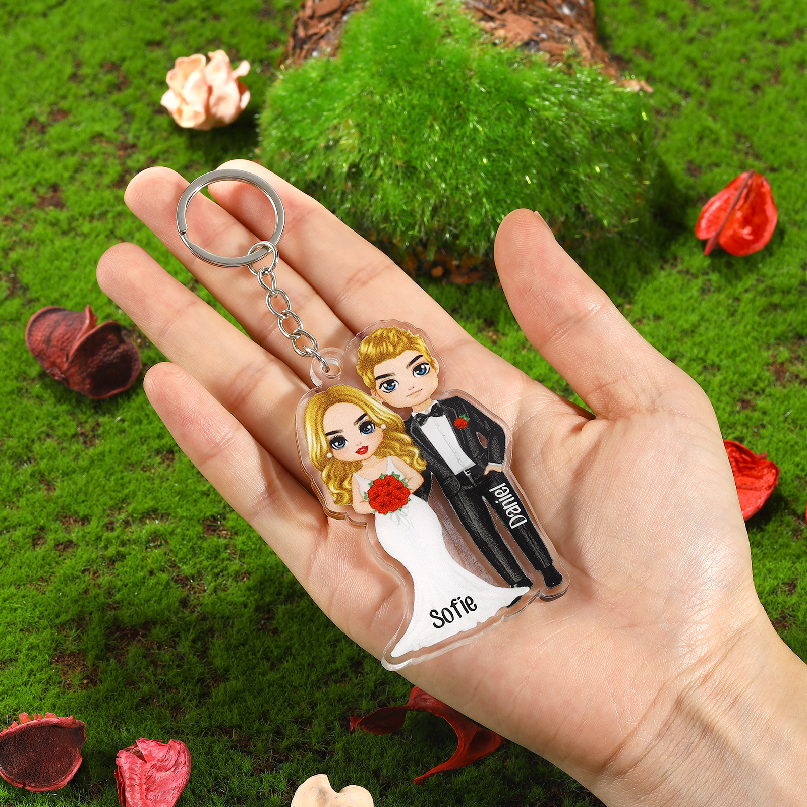Llavero de acrílico con muñecos de pareja en boda 2 nombres personalizados-Jessemade ES
