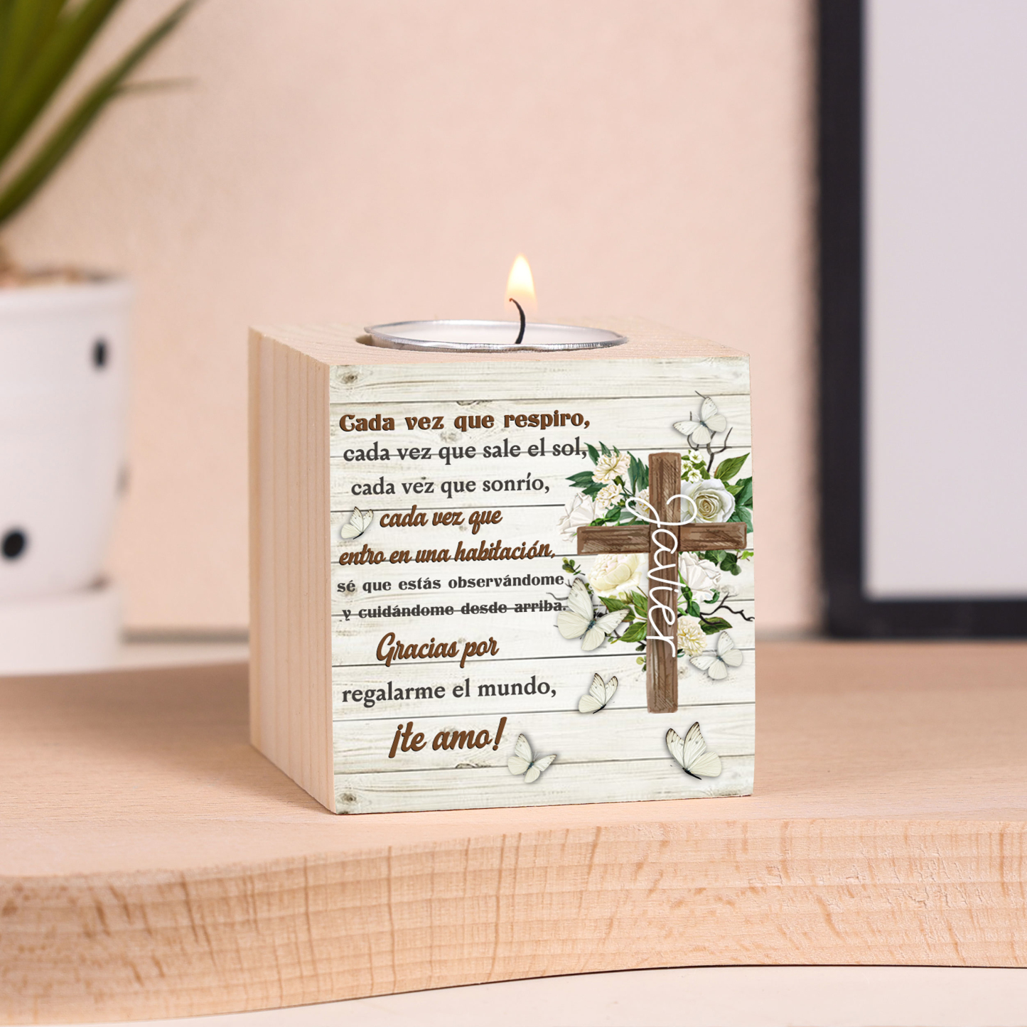 Navidad en el paraíso-Candelero en memoria de ser querido personalizado con nombre de madera sin vela-Jessemade ES