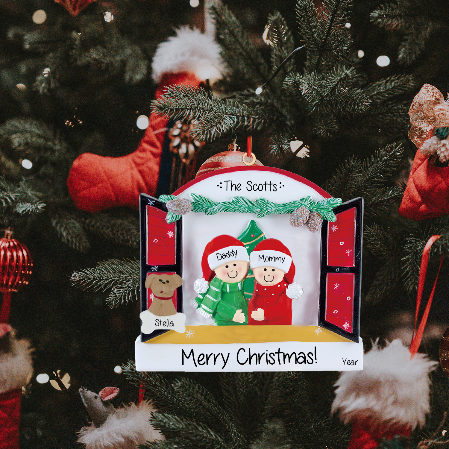 Navidad-Ornamentos Navideños de Madera Familia de 2-4 con Perro 3-5 Nombres Personalizados con 2 Textos y Año-Jessemade ES