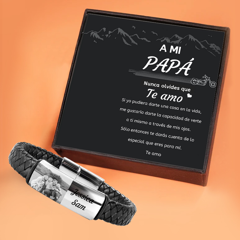 A mi papá-Pulsera de cuero trenzado personalizada con 2 nombres y 1 foto para hombre-Jessemade ES
