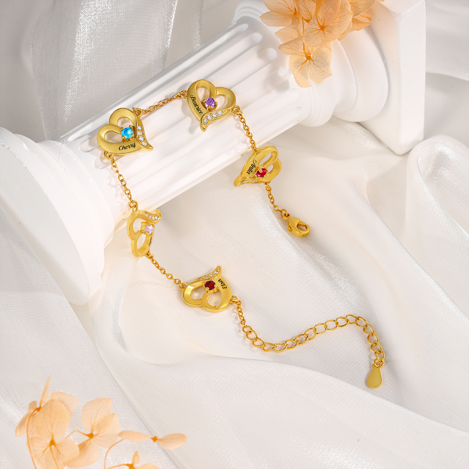 Pulsera 1-7 nombres y piedras de nacimiento personalizadas con dije de corazón-Jessemade ES