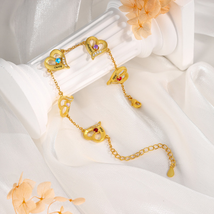 Pulsera 1-7 nombres y piedras de nacimiento personalizadas con dije de corazón-Jessemade ES