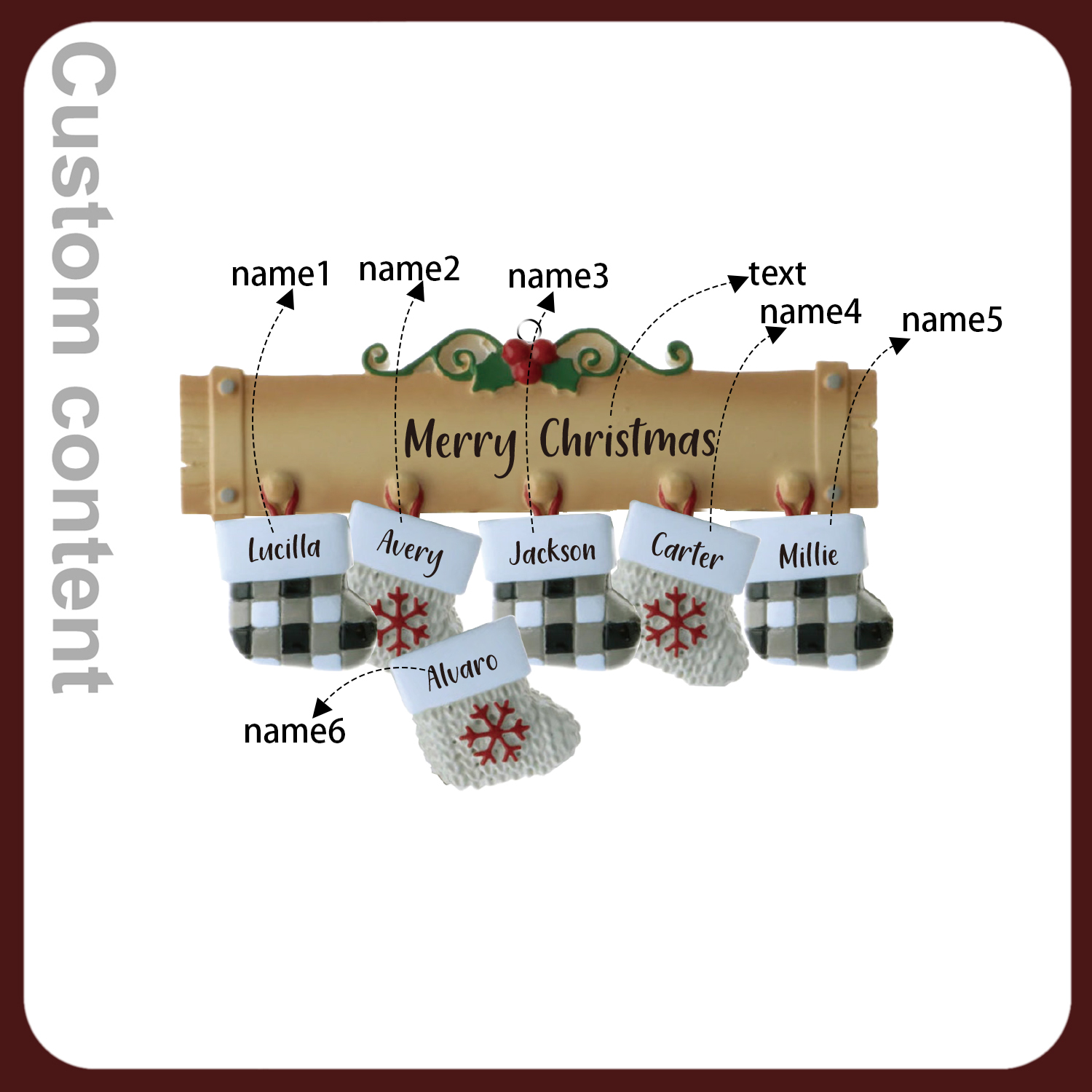 Navidad-Ornamento muñecos navideño de madera calcetines 6 nombres y 1 texto personalizados adorno del árbol-Jessemade ES