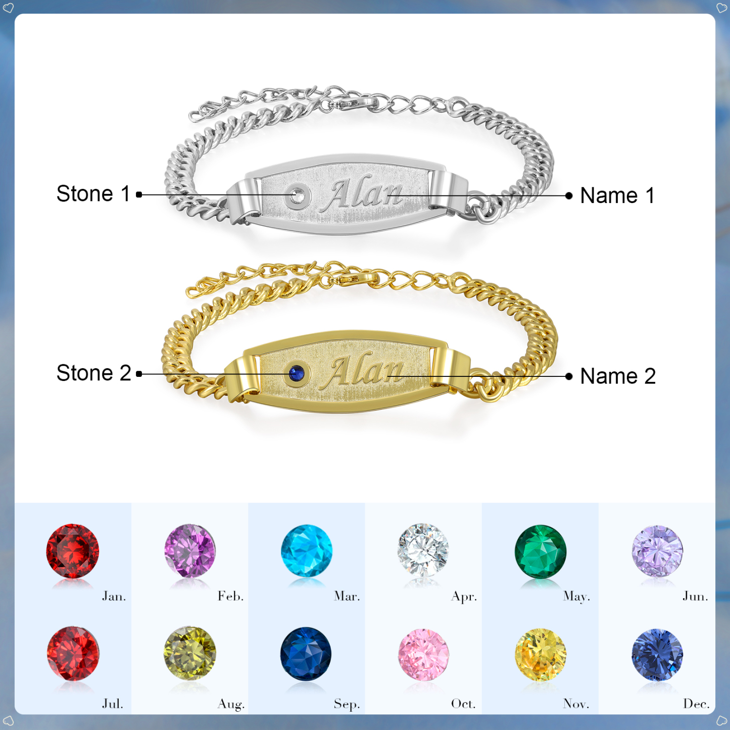 Pulseras de cadena para pareja con placa 2 nombres y 2 piedras personalizados-Jessemade ES