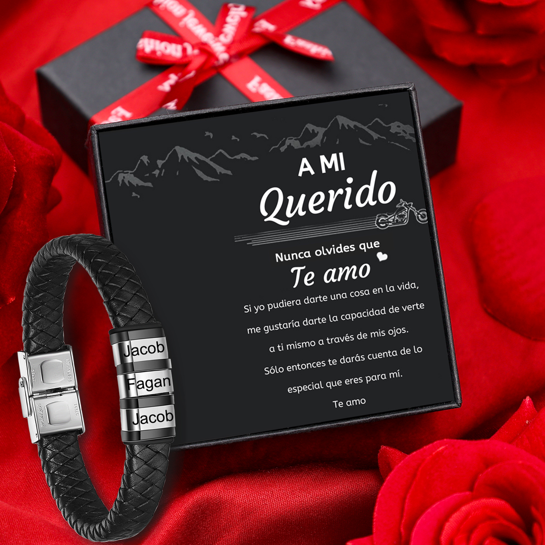 A mi querido-Pulsera de cuero trenzado de hombre con 3 perlas personalizadas con 3 nombres-Jessemade ES