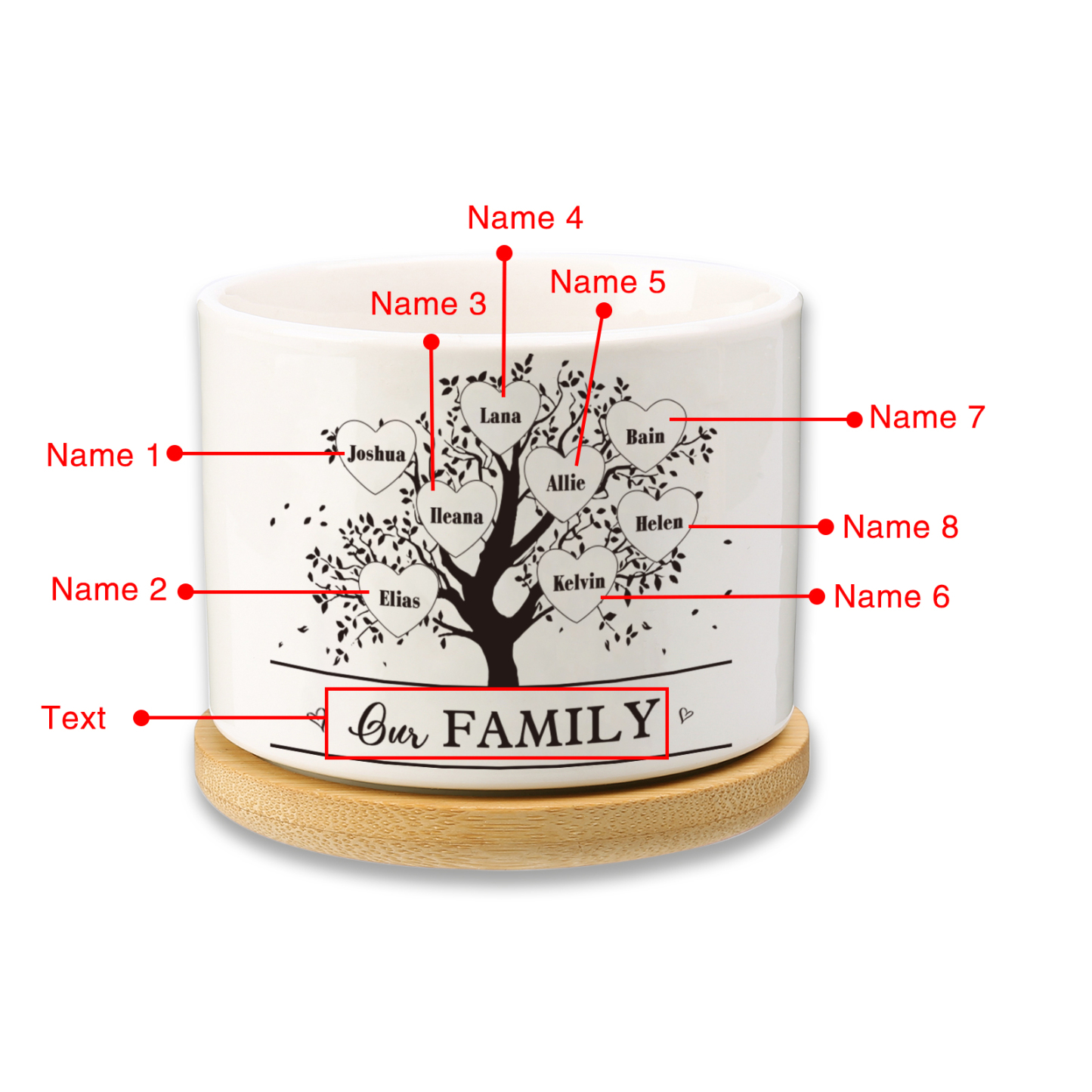 Florero con base de cerámica árbol de corazones 2-8 nombres personalizados con texto decoración del hogar-Jessemade ES