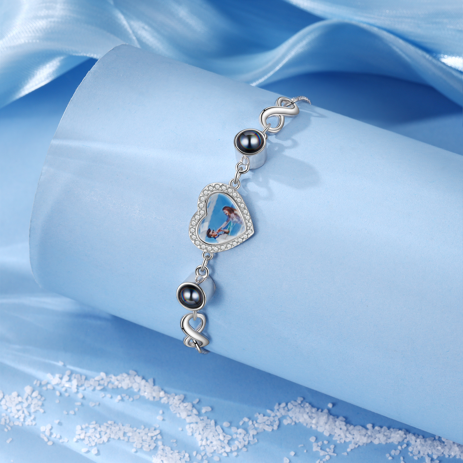 Pulsera con proyección de foto en color y foto en dije de corazón con infinitos, Brazalete de proyección-Jessemade ES