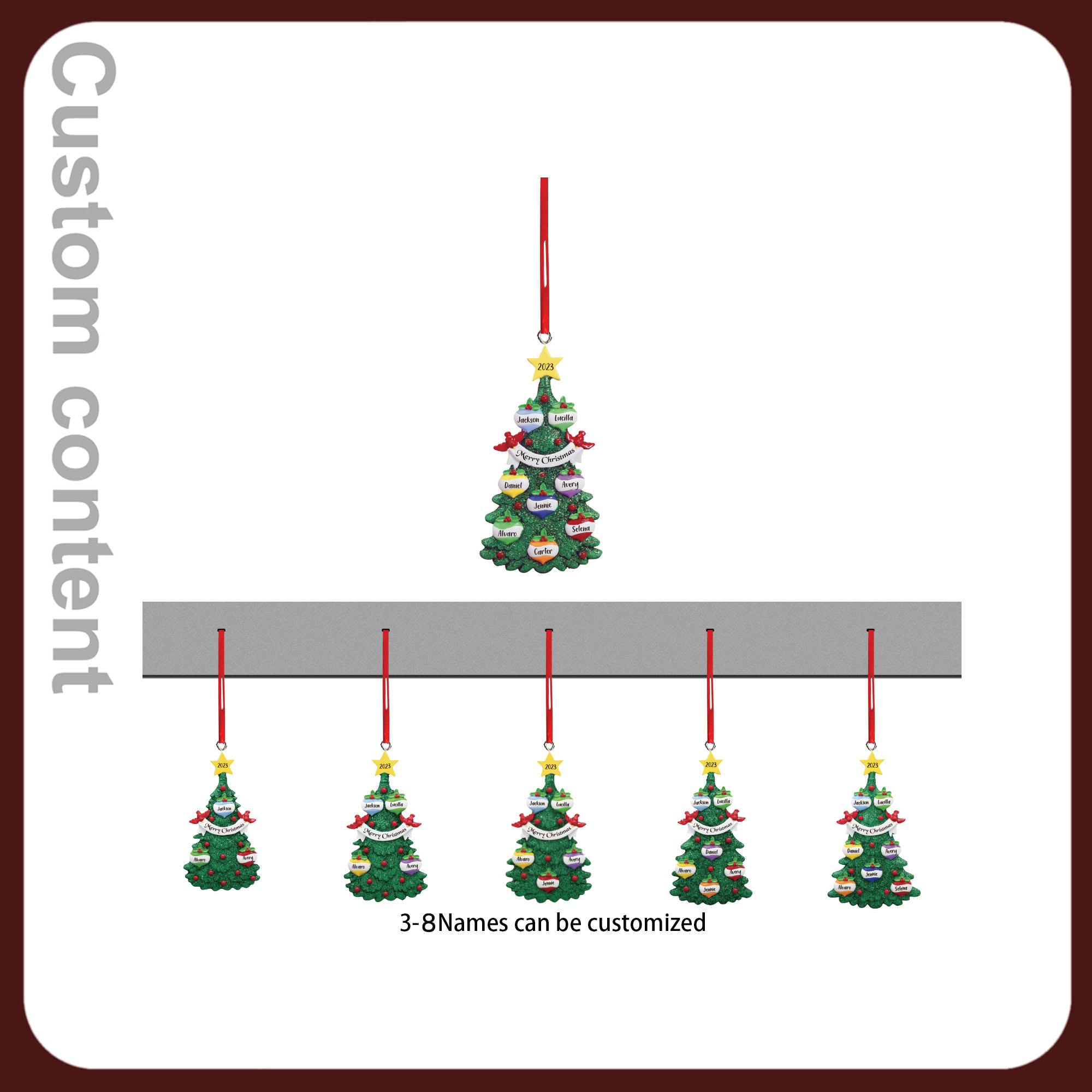 Navidad-Ornamento muñecos navideño de madera en forma de árbol 4 nombres, 1 texto y 1 año personalizados adorno del árbol-Jessemade ES