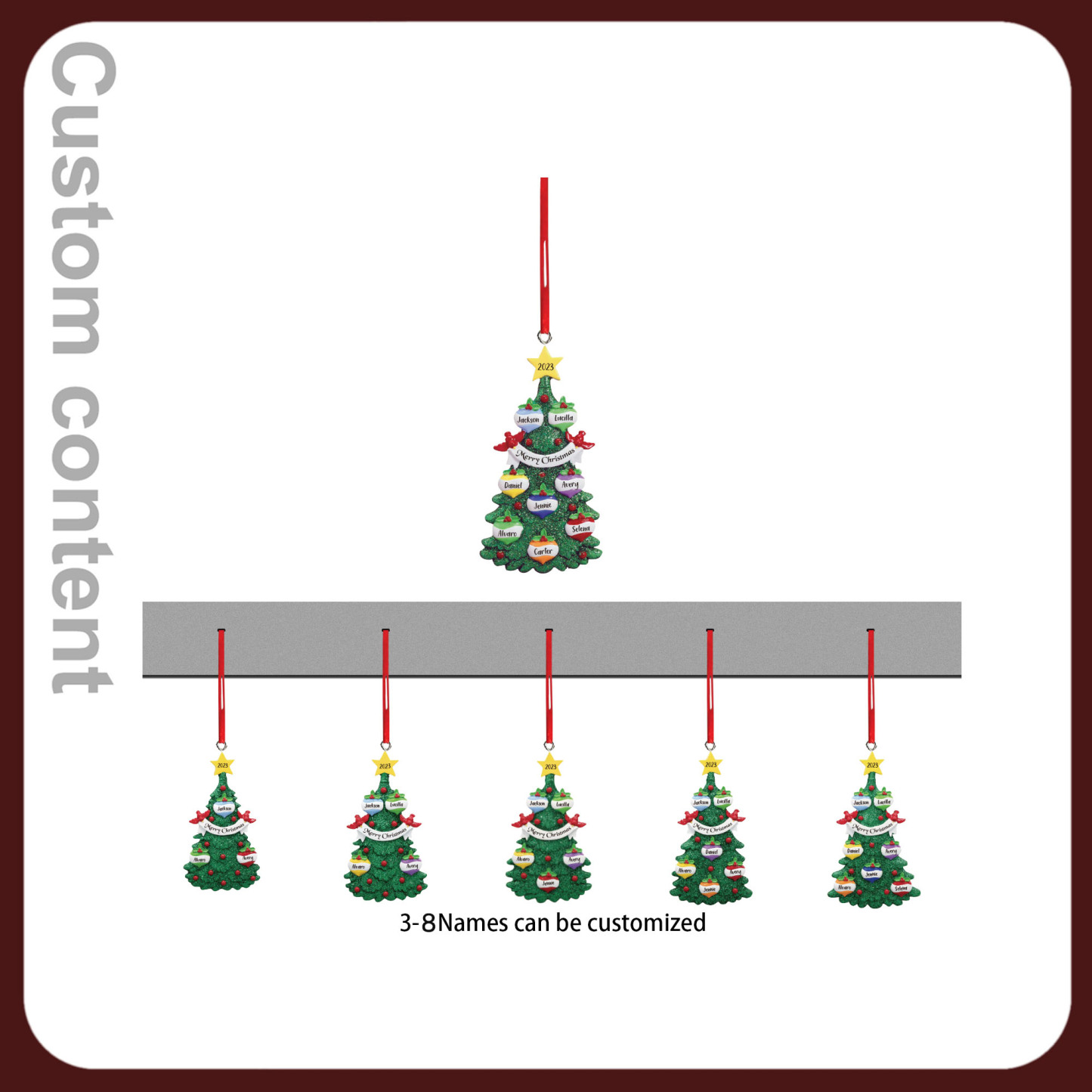 Navidad-Ornamento muñecos navideño de madera en forma de árbol 4 nombres, 1 texto y 1 año personalizados adorno del árbol-Jessemade ES