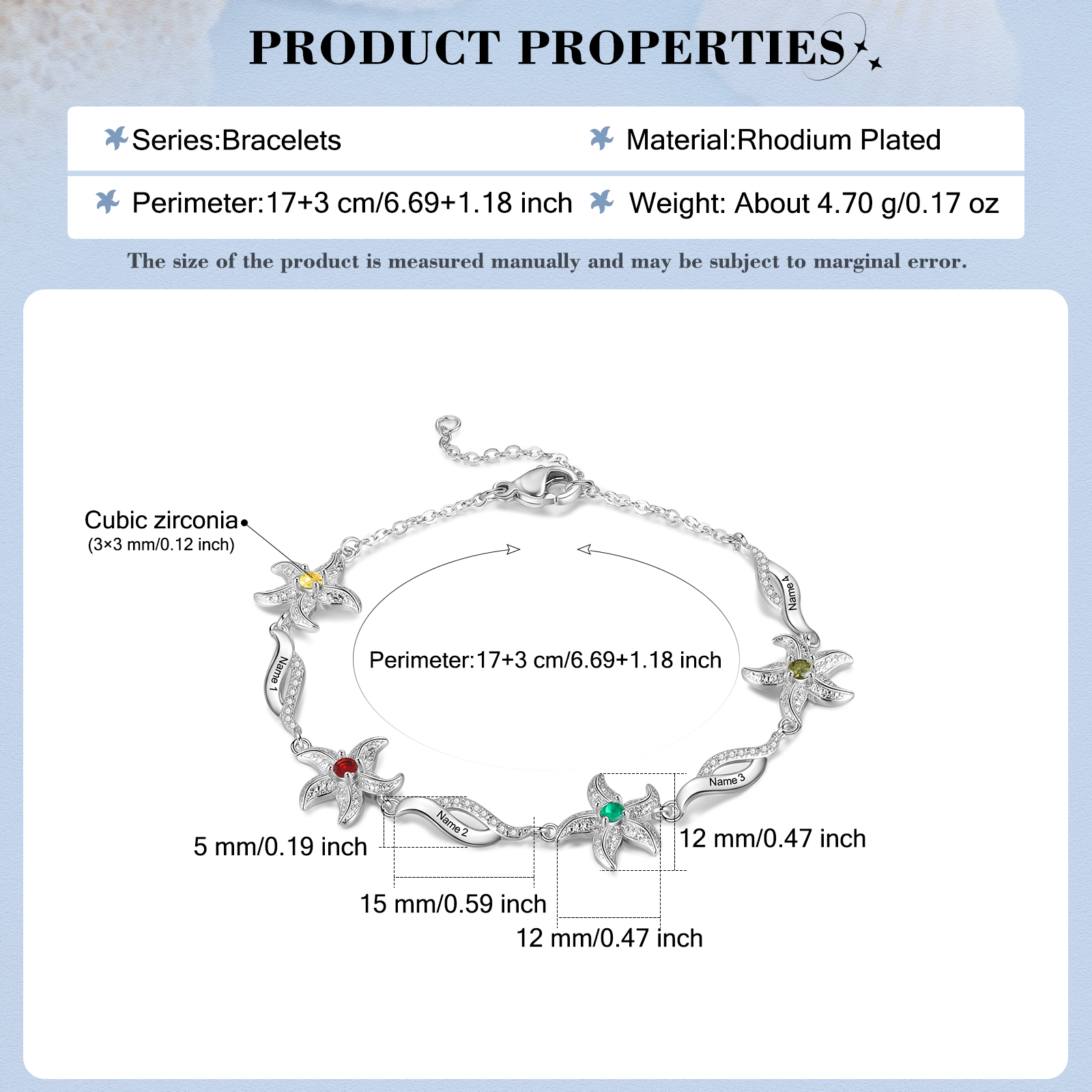 Pulsera con dije de estrella de mar para mujer personalizada con 4 nombres y 4 piedras de nacimiento-Jessemade ES