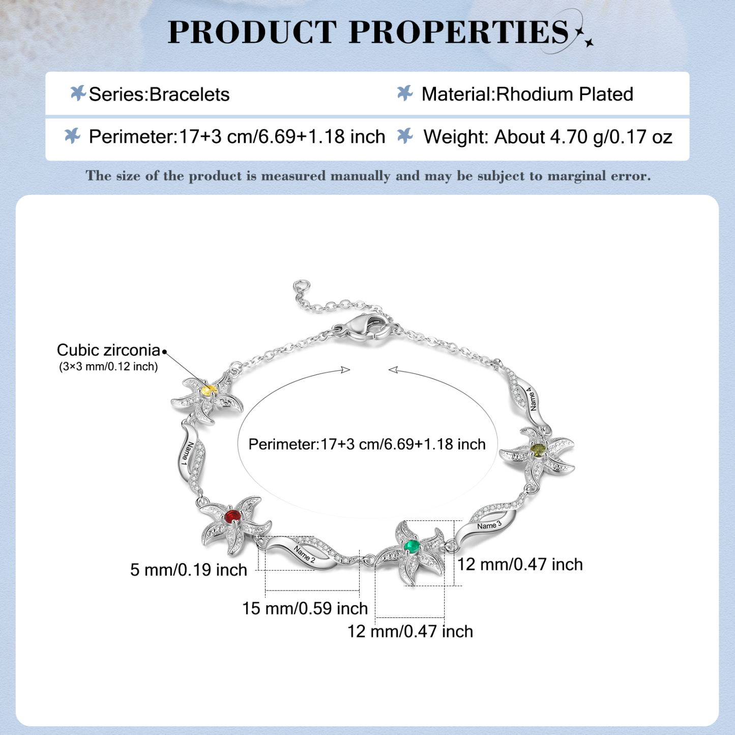 Pulsera con dije de estrella de mar para mujer personalizada con 4 nombres y 4 piedras de nacimiento-Jessemade ES